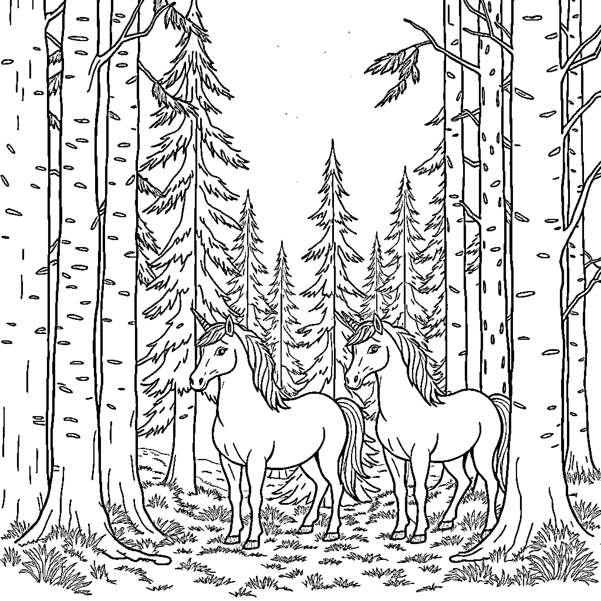 Unicorn Pair in the Enchanted Forest Coloring Page (free black-and-white line drawing printable PDF for all, from beginners to advanced learners, including children, teens, adults, and seniors)