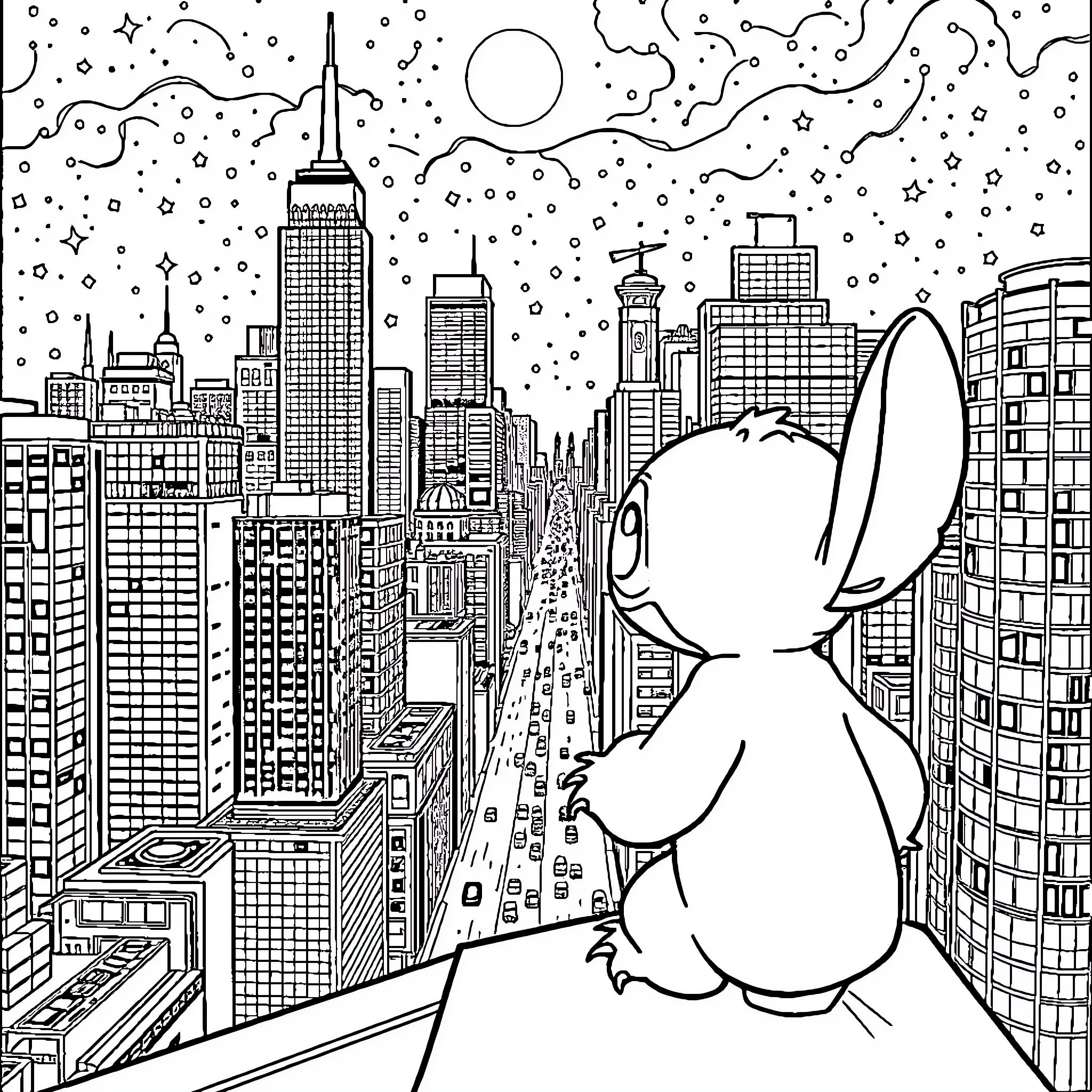 Stitch overlooking the bustling city skyline Coloring Page (free black-and-white line drawing printable PDF for all, from beginners to advanced learners, including children, teens, adults, and seniors)