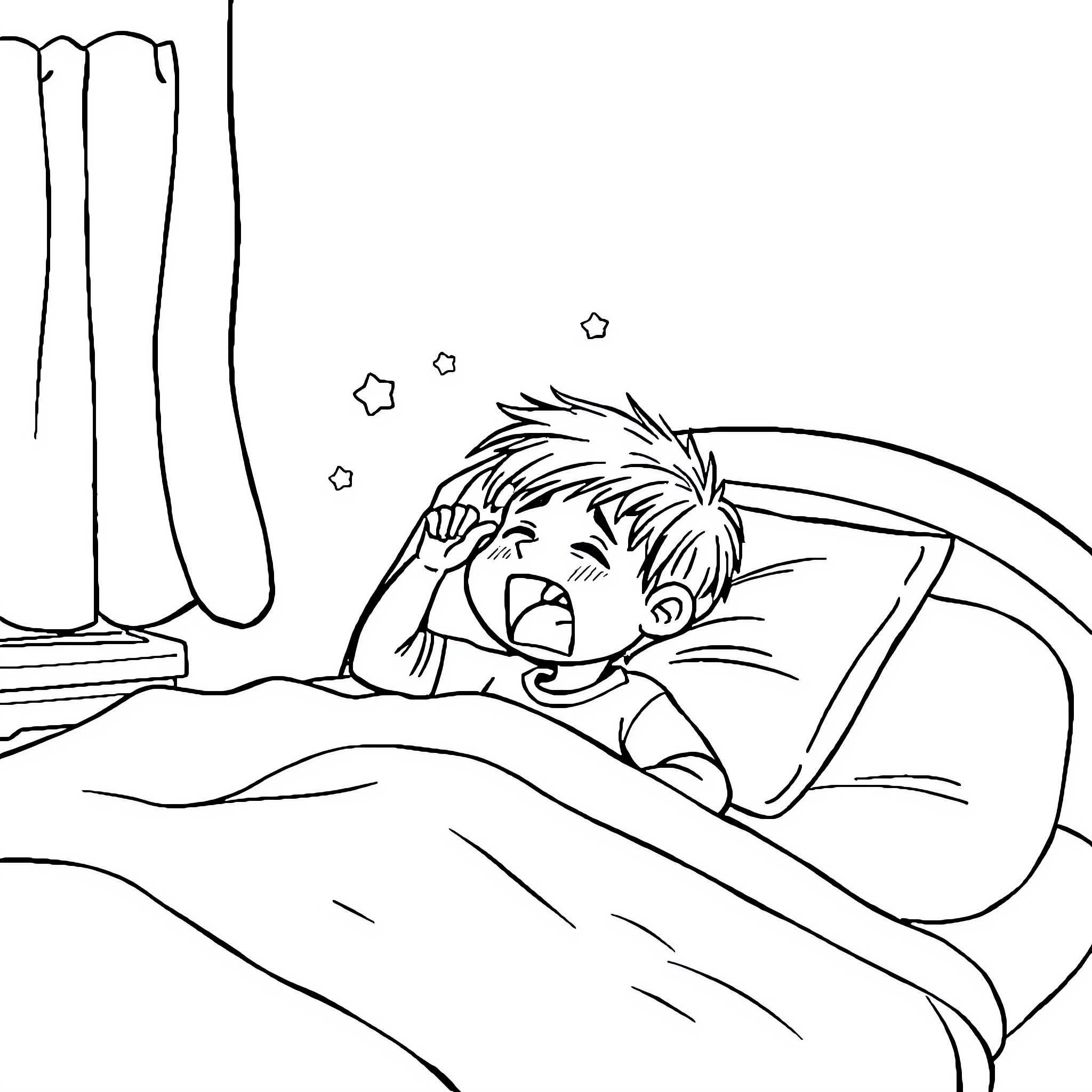 Kid having a restless night in bed Coloring Page (free black-and-white line drawing printable PDF for all, from beginners to advanced learners, including children, teens, adults, and seniors)