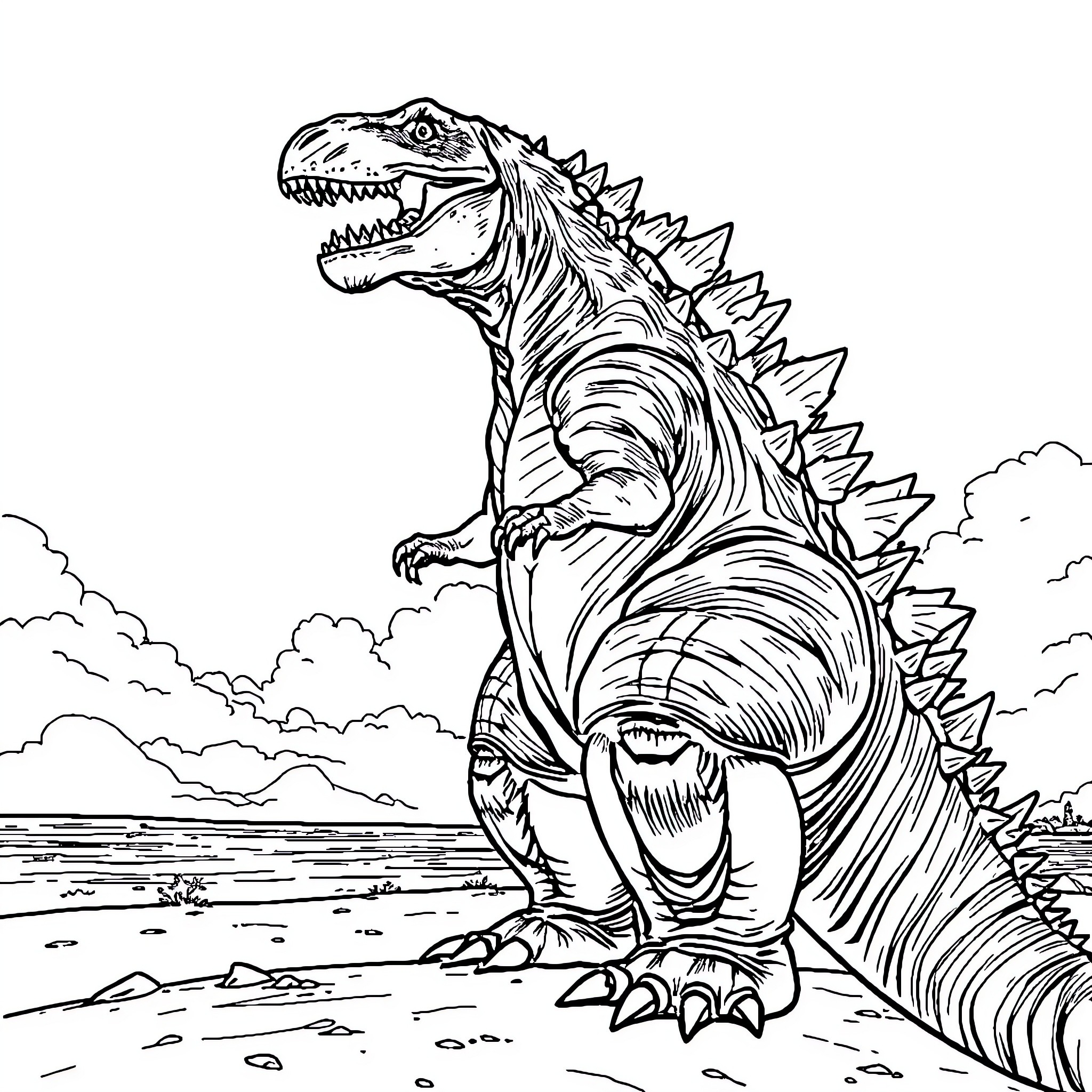 Godzilla Rampaging Through the Landscape Coloring Page (free black-and-white line drawing printable PDF for all, from beginners to advanced learners, including children, teens, adults, and seniors)