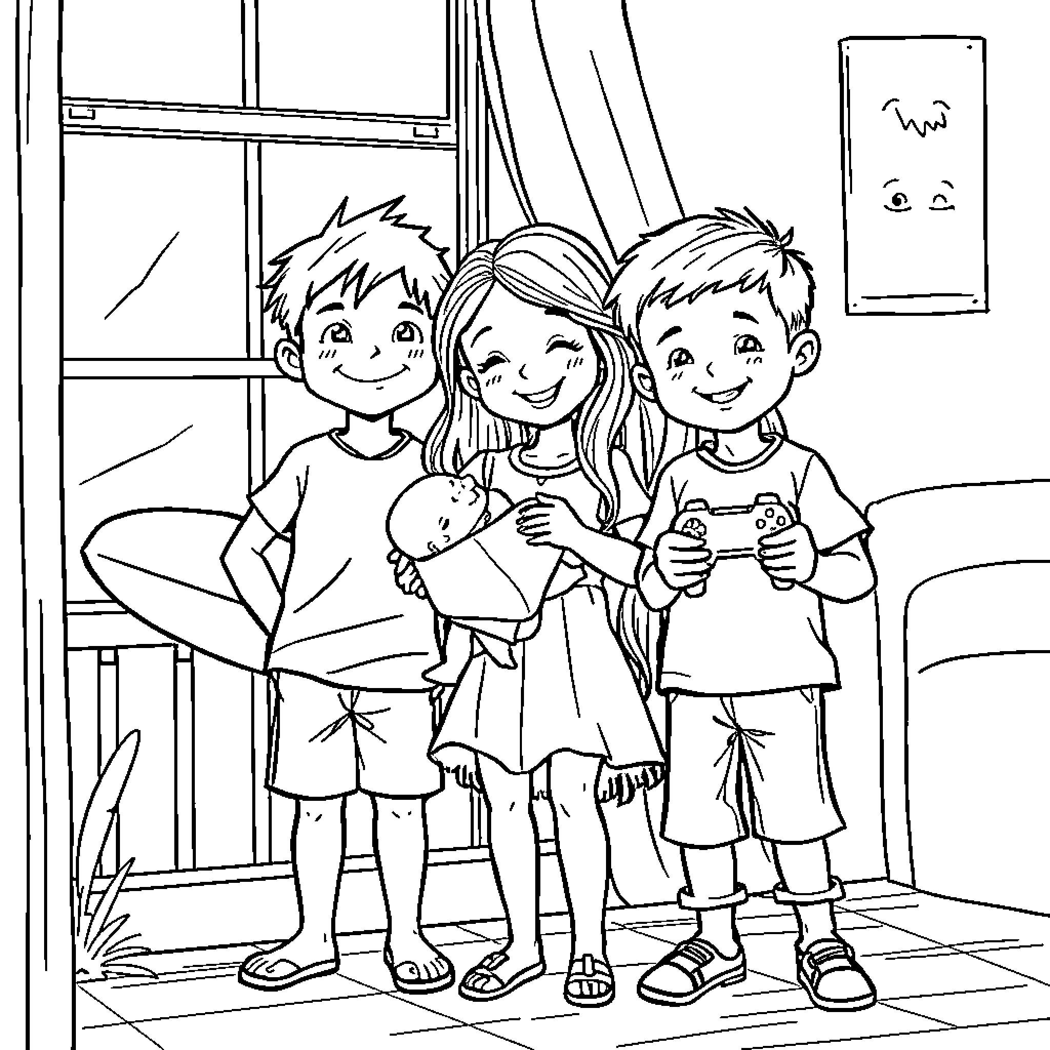 Surfer siblings enjoying time together at home Coloring Page (free black-and-white line drawing printable PDF for all, from beginners to advanced learners, including children, teens, adults, and seniors)