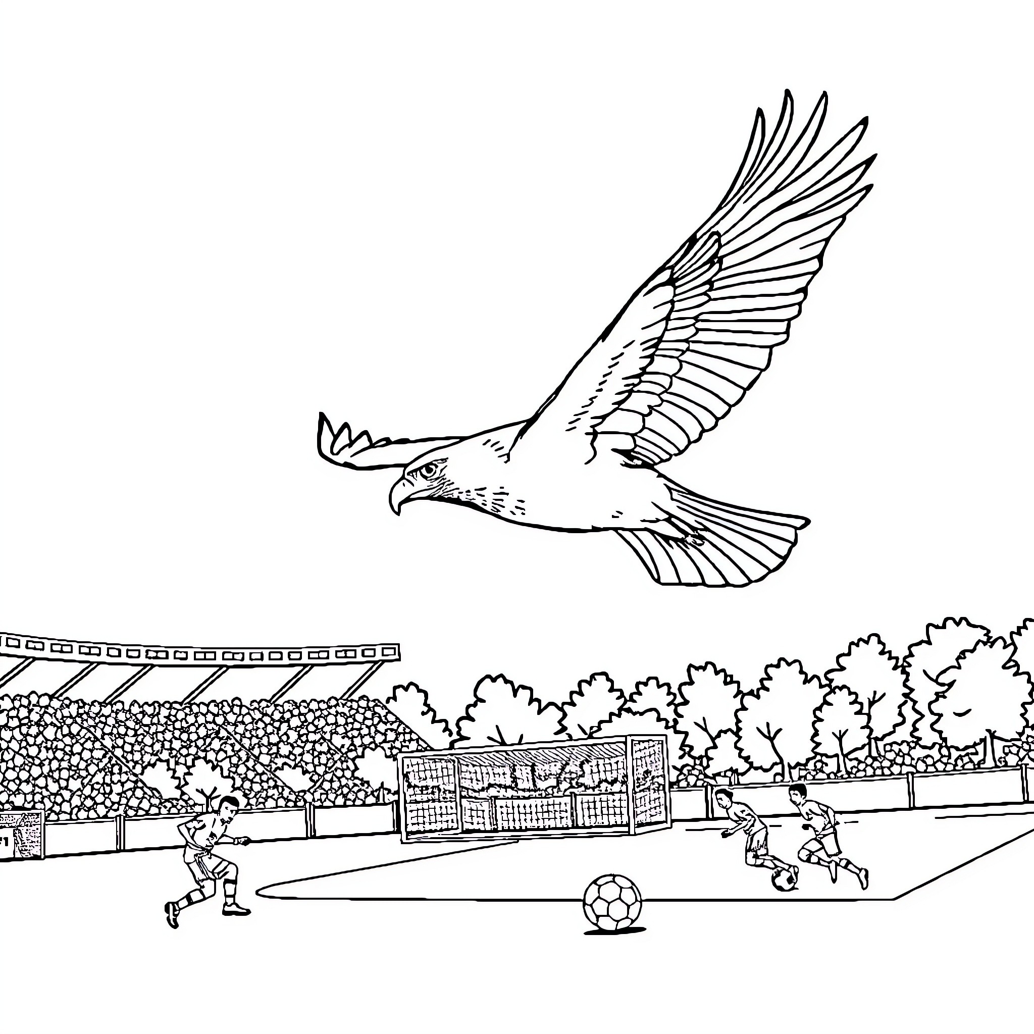 Hawk soaring over soccer match in the stadium Coloring Page (free black-and-white line drawing printable PDF for all, from beginners to advanced learners, including children, teens, adults, and seniors)