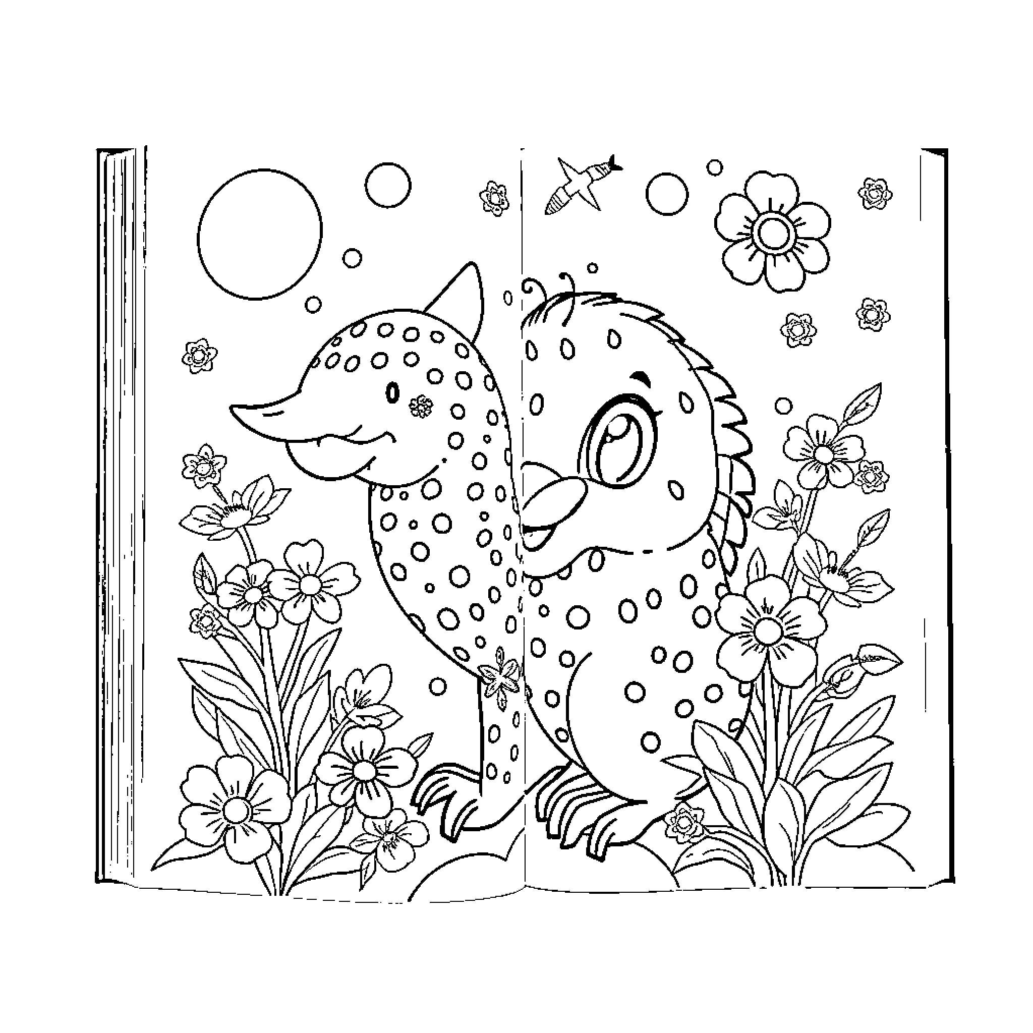 Book of a Playful Dinosaur in Floral Surroundings Coloring Page (free black-and-white line drawing printable PDF for all, from beginners to advanced learners, including children, teens, adults, and seniors)