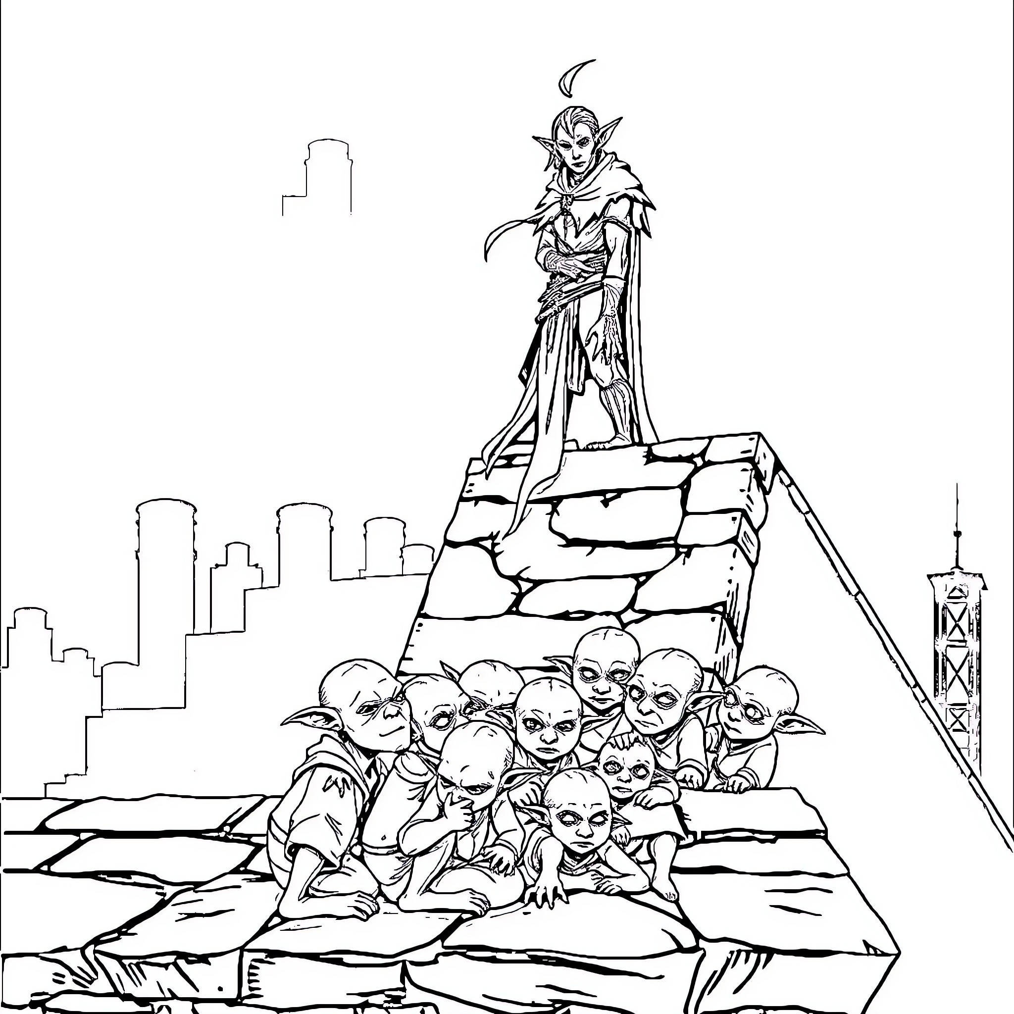 Drow Elf leading a group of fantastical creatures Coloring Page (free black-and-white line drawing printable PDF for all, from beginners to advanced learners, including children, teens, adults, and seniors)