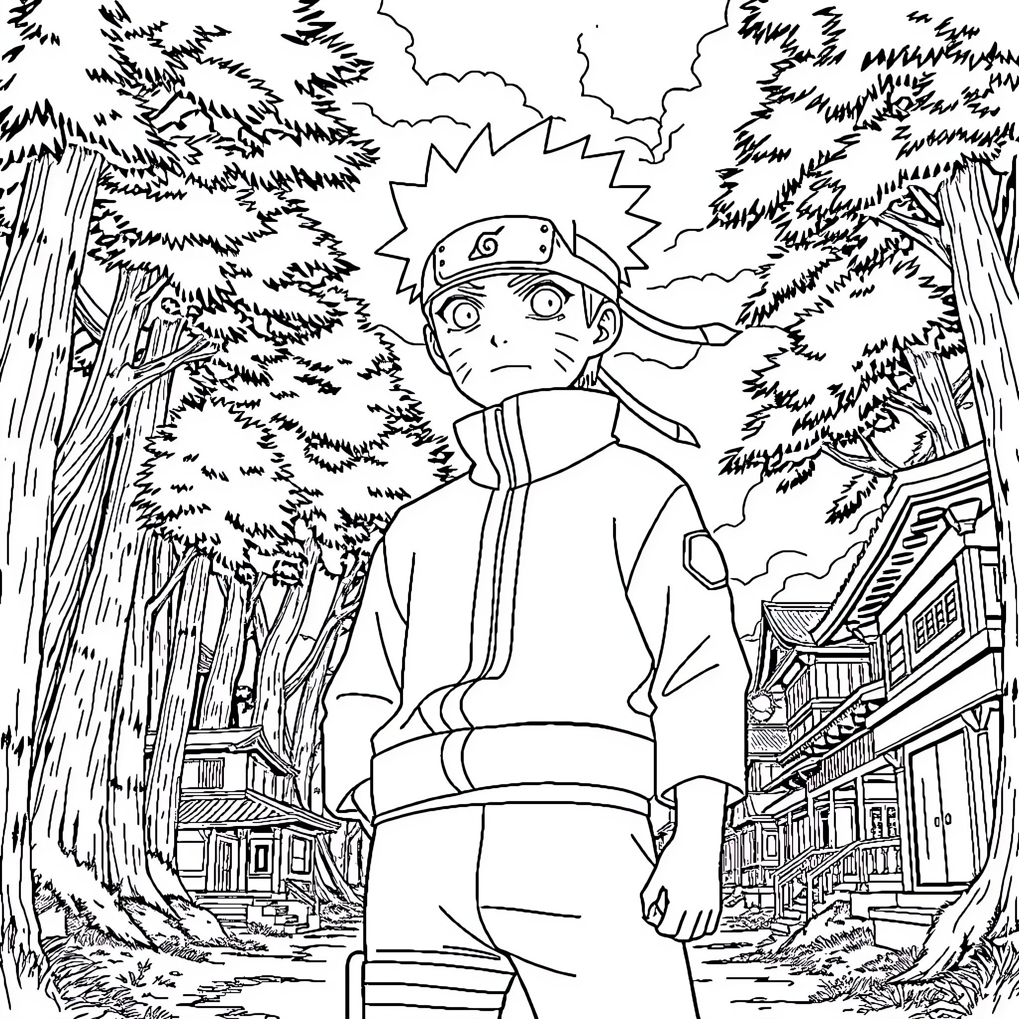 Naruto in Contemplative Pose Amid Forested Scenery Coloring Page (free black-and-white line drawing printable PDF for all, from beginners to advanced learners, including children, teens, adults, and seniors)