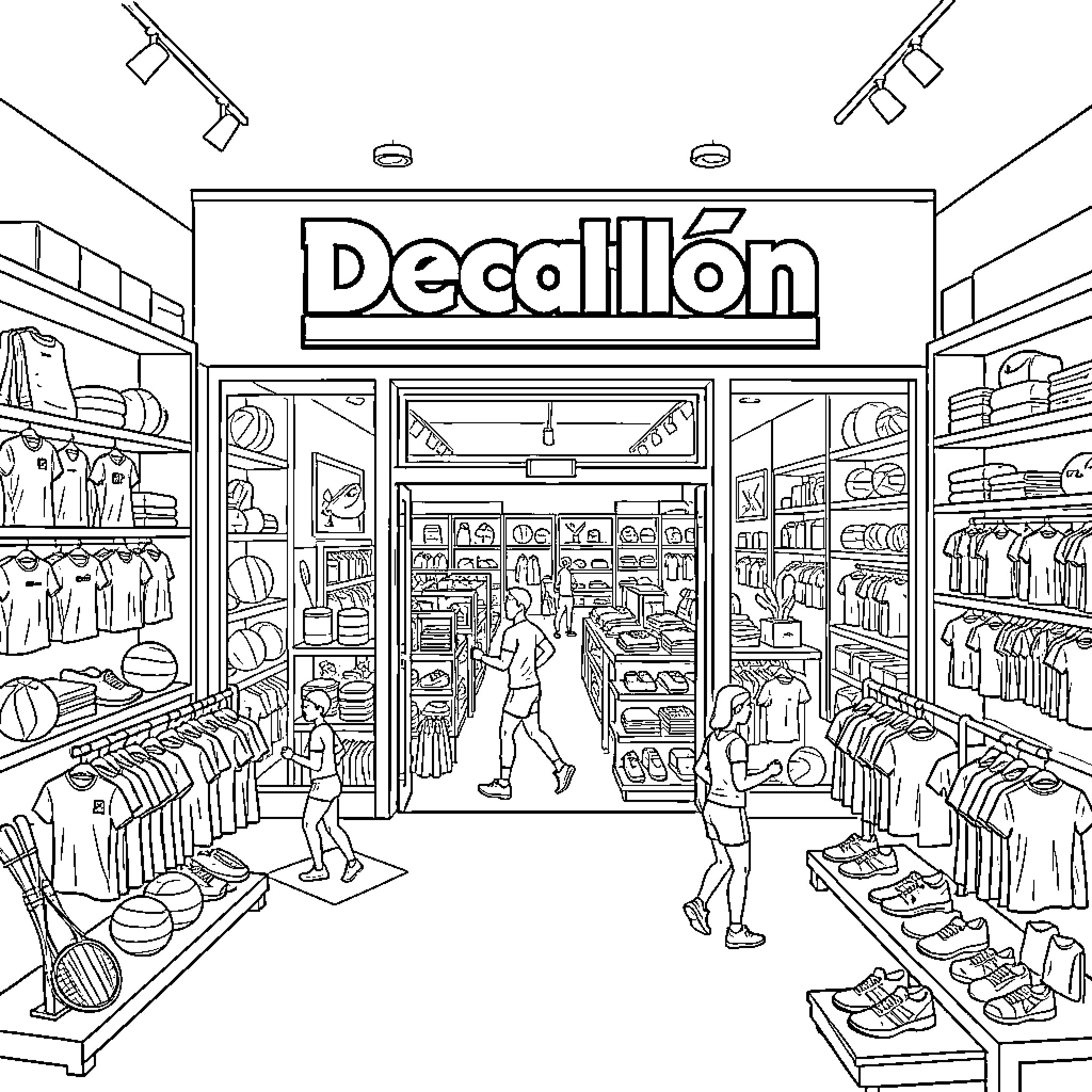 Sports retail store with customers browsing equipment Coloring Page (free black-and-white line drawing printable PDF for all, from beginners to advanced learners, including children, teens, adults, and seniors)