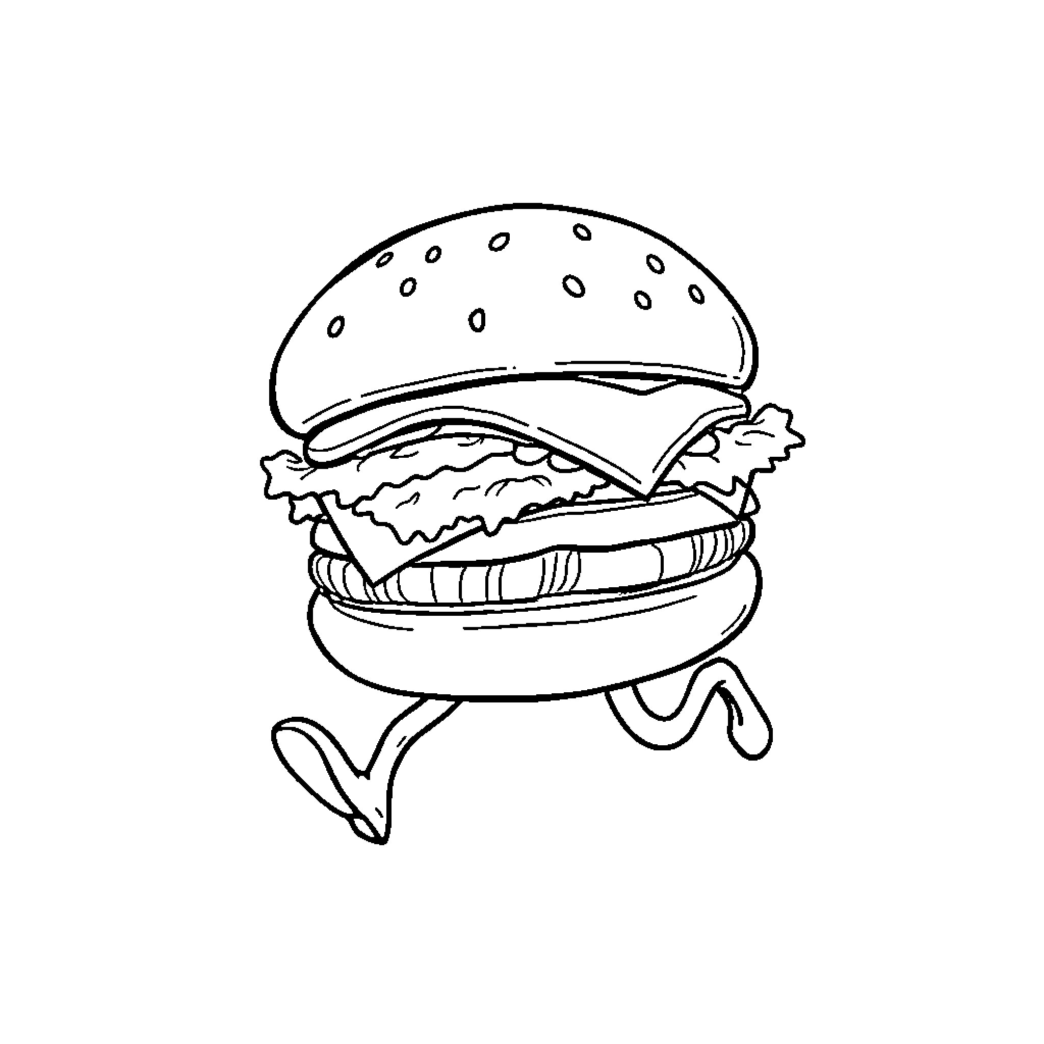 Hamburger running happily on the move Coloring Page (free black-and-white line drawing printable PDF for all, from beginners to advanced learners, including children, teens, adults, and seniors)