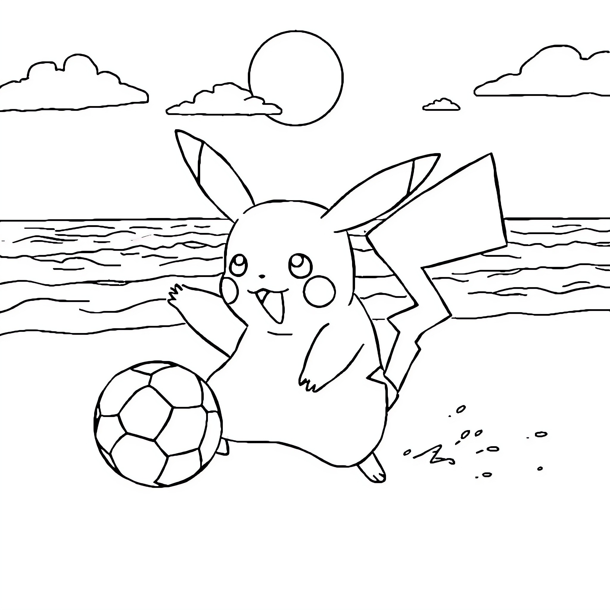 Pikachu playing with a soccer ball on the beach Coloring Page (free black-and-white line drawing printable PDF for all, from beginners to advanced learners, including children, teens, adults, and seniors)