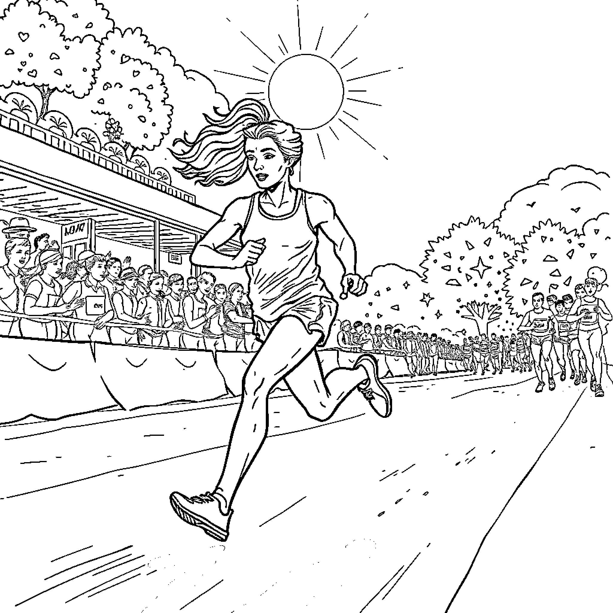 Dancer running energetically through the crowd Coloring Page (free black-and-white line drawing printable PDF for all, from beginners to advanced learners, including children, teens, adults, and seniors)