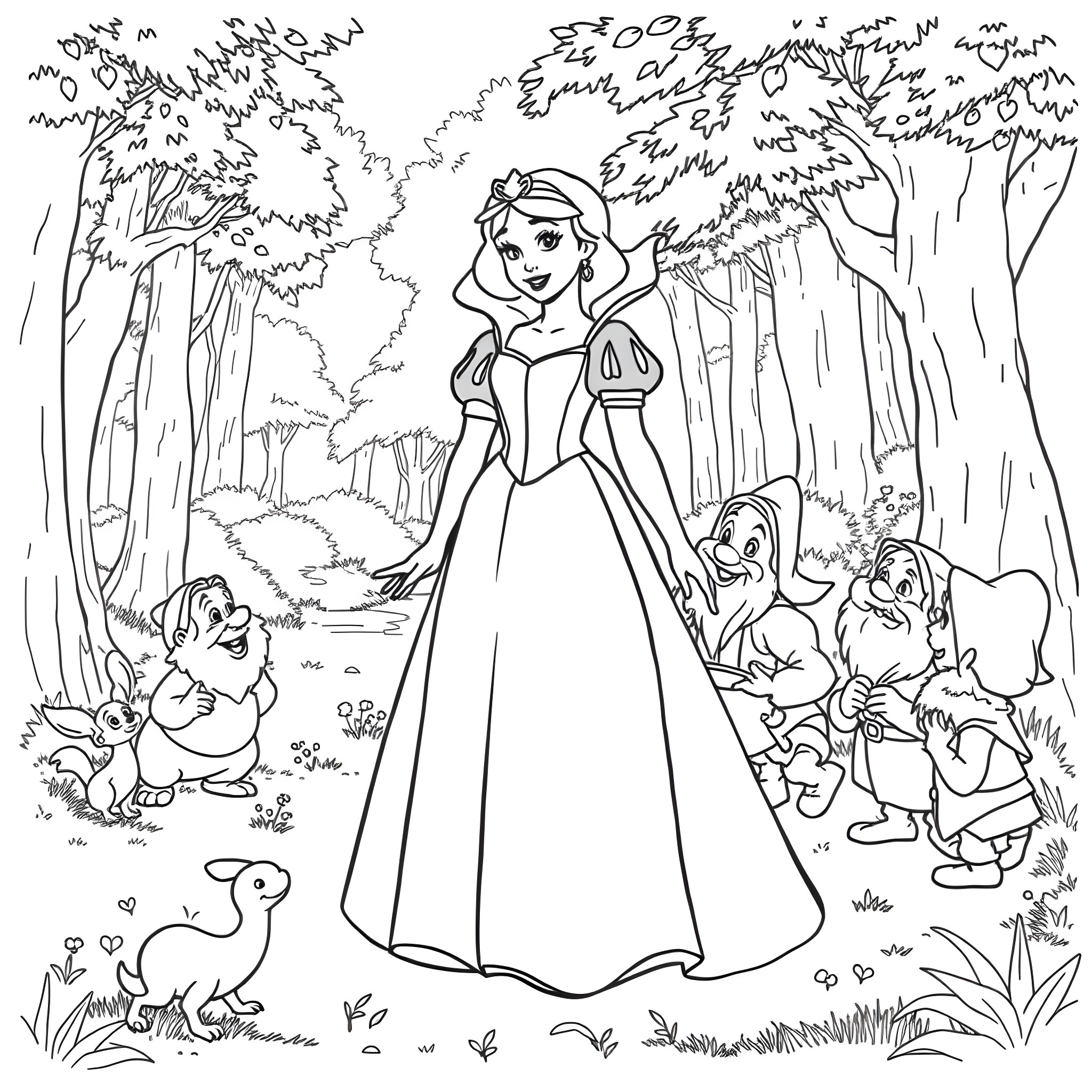 Snow White interacting with forest animals in the woods Coloring Page (free black-and-white line drawing printable PDF for all, from beginners to advanced learners, including children, teens, adults, and seniors)