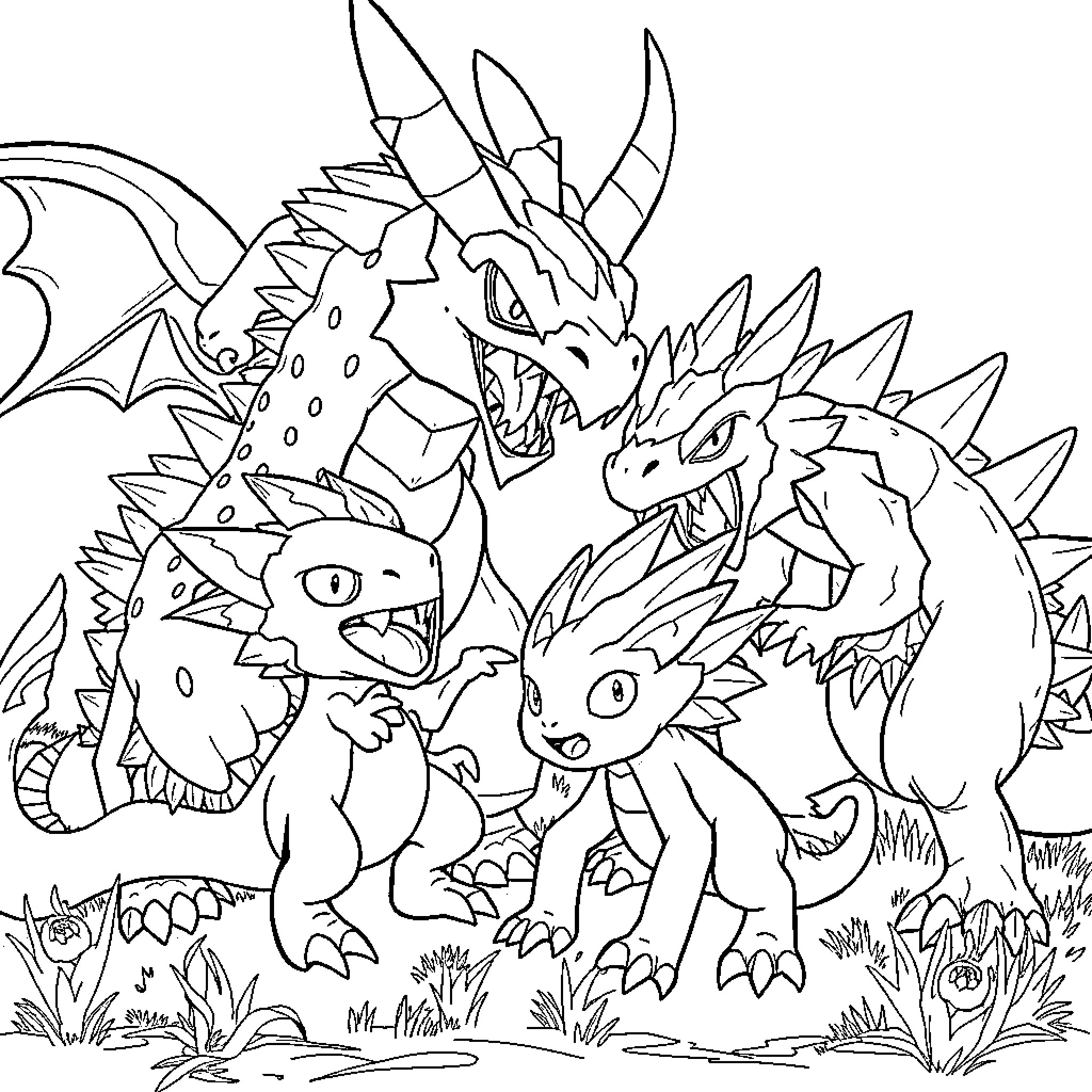 Digimon characters interacting together in a group scene Coloring Page (free black-and-white line drawing printable PDF for all, from beginners to advanced learners, including children, teens, adults, and seniors)