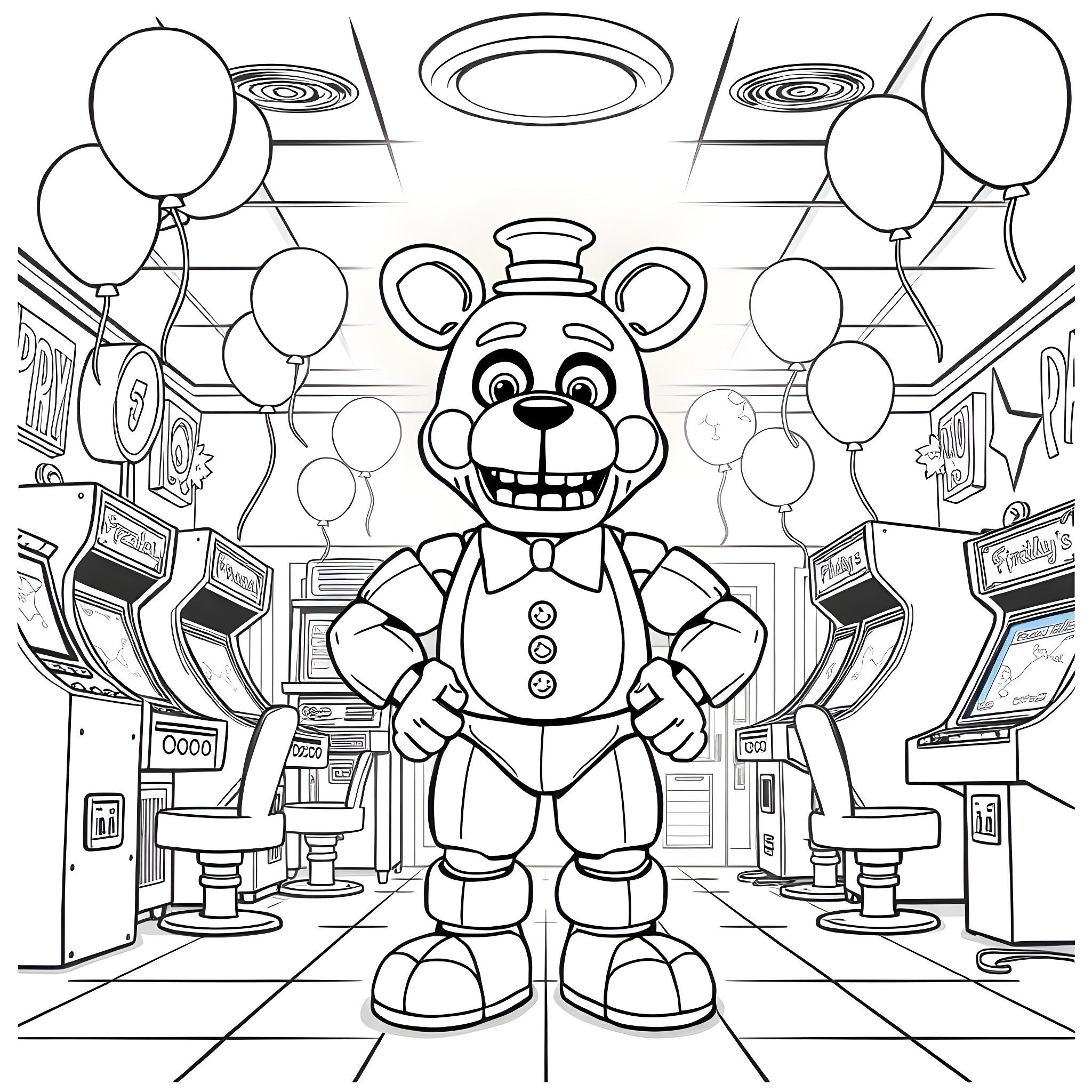 Freddy Fazbear's Party Time Fun Coloring Page (free black-and-white line drawing printable PDF for all, from beginners to advanced learners, including children, teens, adults, and seniors)