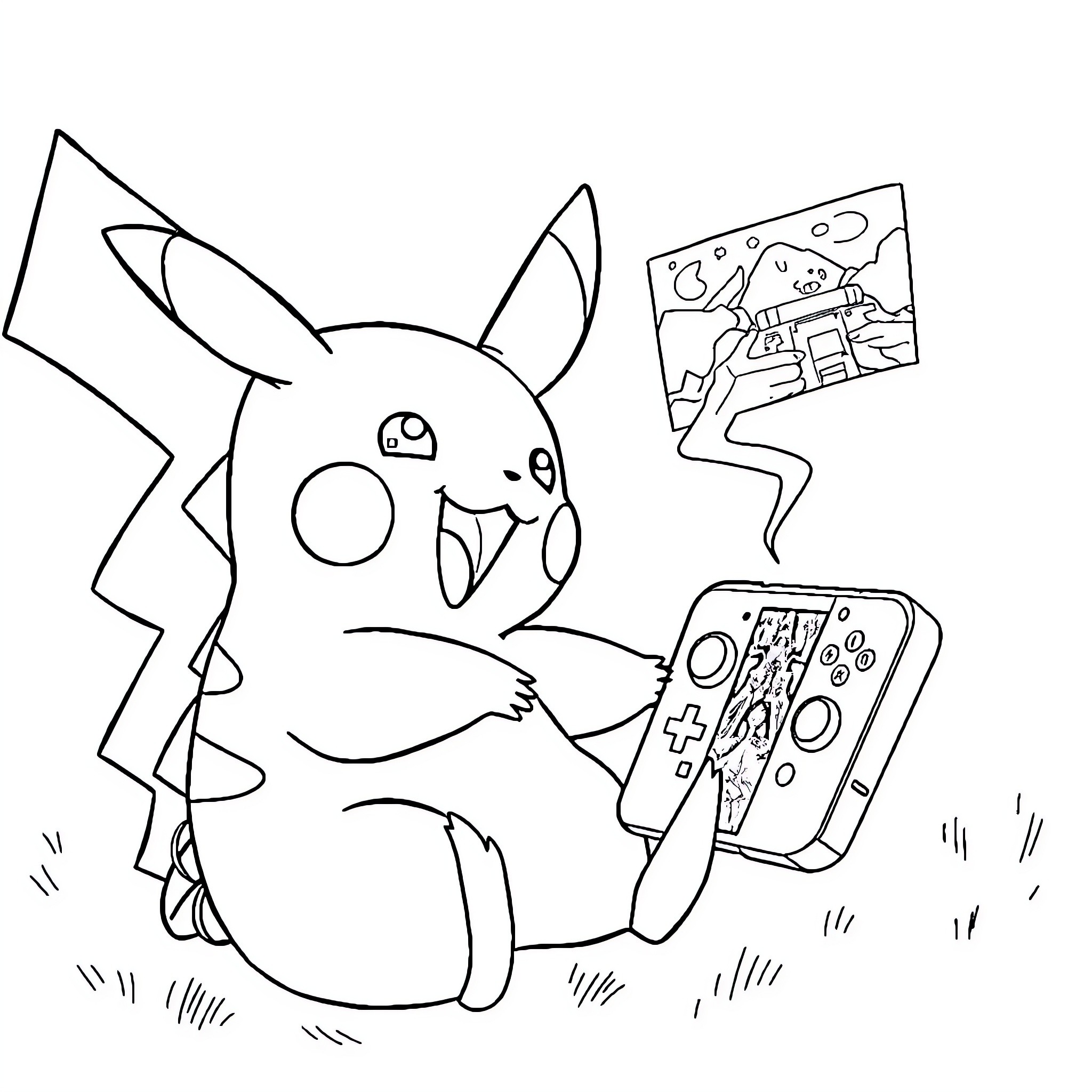 Pikachu playing video games happily Coloring Page (free black-and-white line drawing printable PDF for all, from beginners to advanced learners, including children, teens, adults, and seniors)