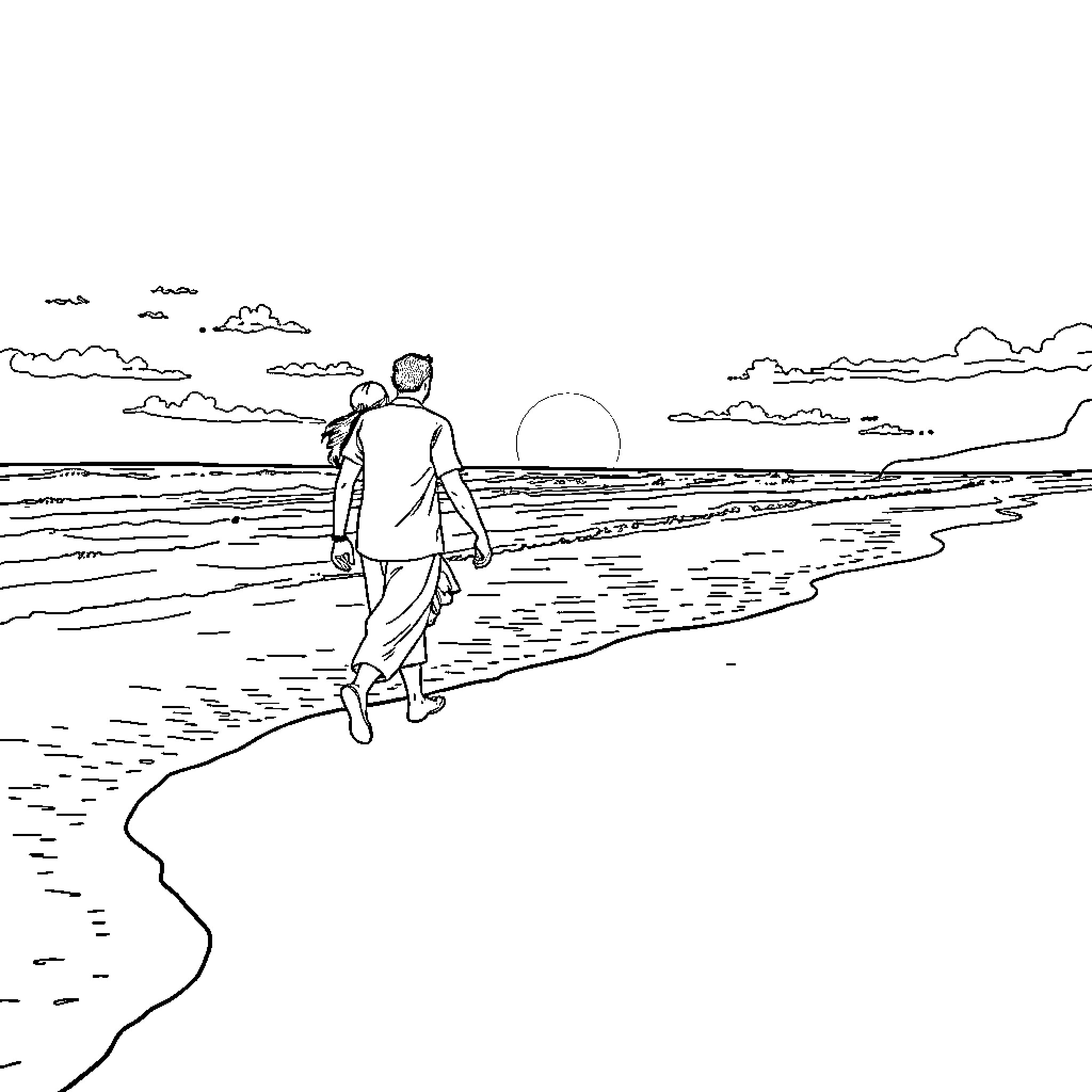 Couple enjoying a peaceful beach walk Coloring Page (free black-and-white line drawing printable PDF for all, from beginners to advanced learners, including children, teens, adults, and seniors)