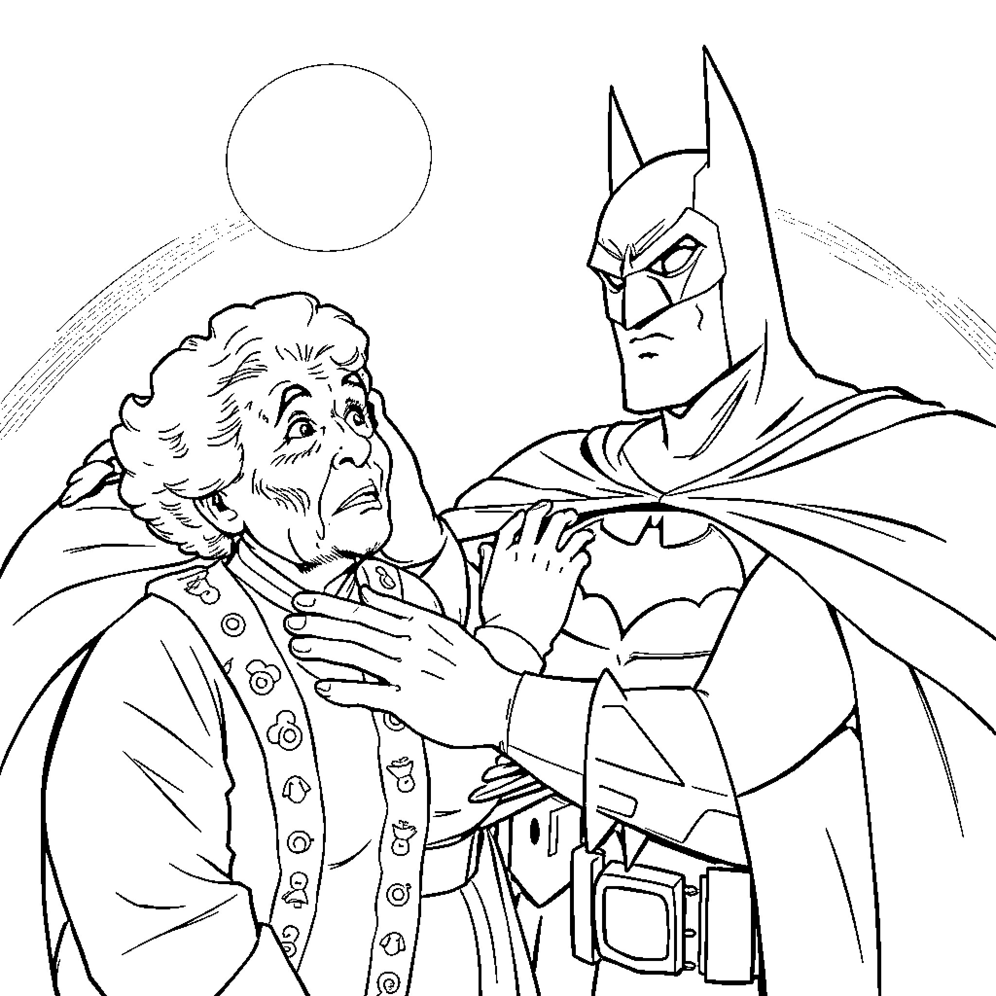 Batman confronting an elderly woman in the shadows Coloring Page (free black-and-white line drawing printable PDF for all, from beginners to advanced learners, including children, teens, adults, and seniors)