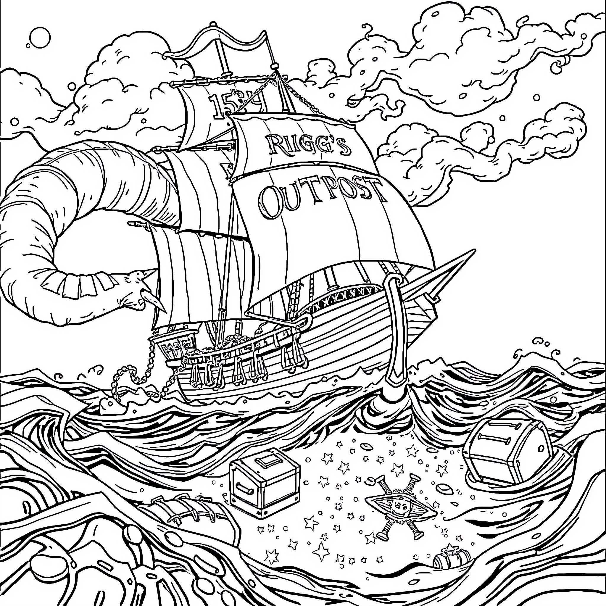 Pirate Ship Sailing Through Stormy Seas Coloring Page (free black-and-white line drawing printable PDF for all, from beginners to advanced learners, including children, teens, adults, and seniors)