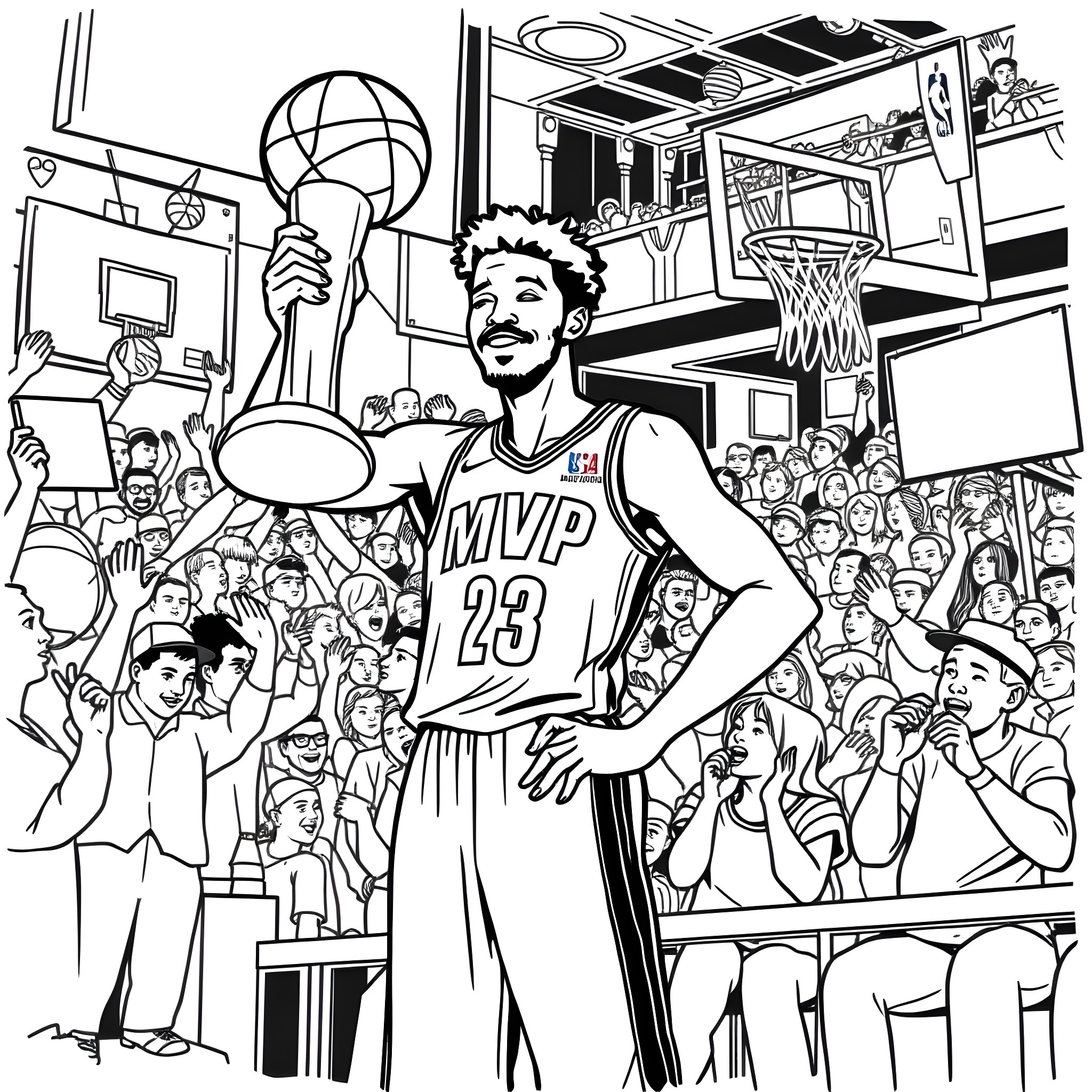 Shai Gilgeous-Alexander Celebrates MVP Award with Fans Coloring Page (free black-and-white line drawing printable PDF for all, from beginners to advanced learners, including children, teens, adults, and seniors)