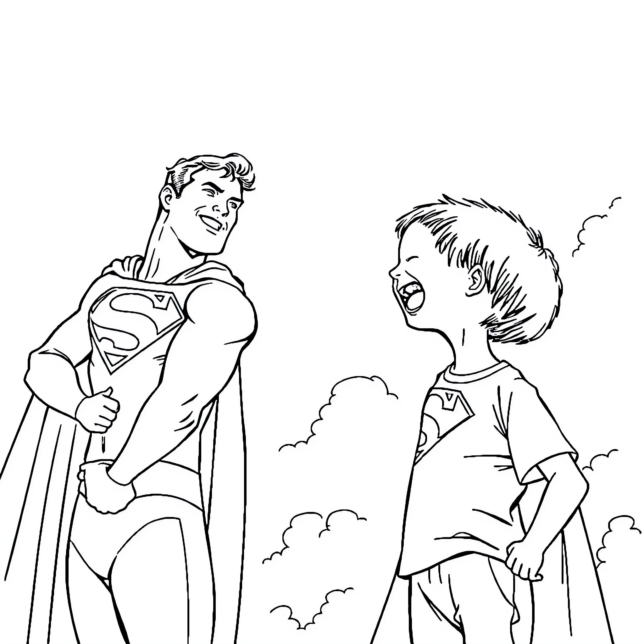 Superman sharing a playful moment with a child Coloring Page (free black-and-white line drawing printable PDF for all, from beginners to advanced learners, including children, teens, adults, and seniors)