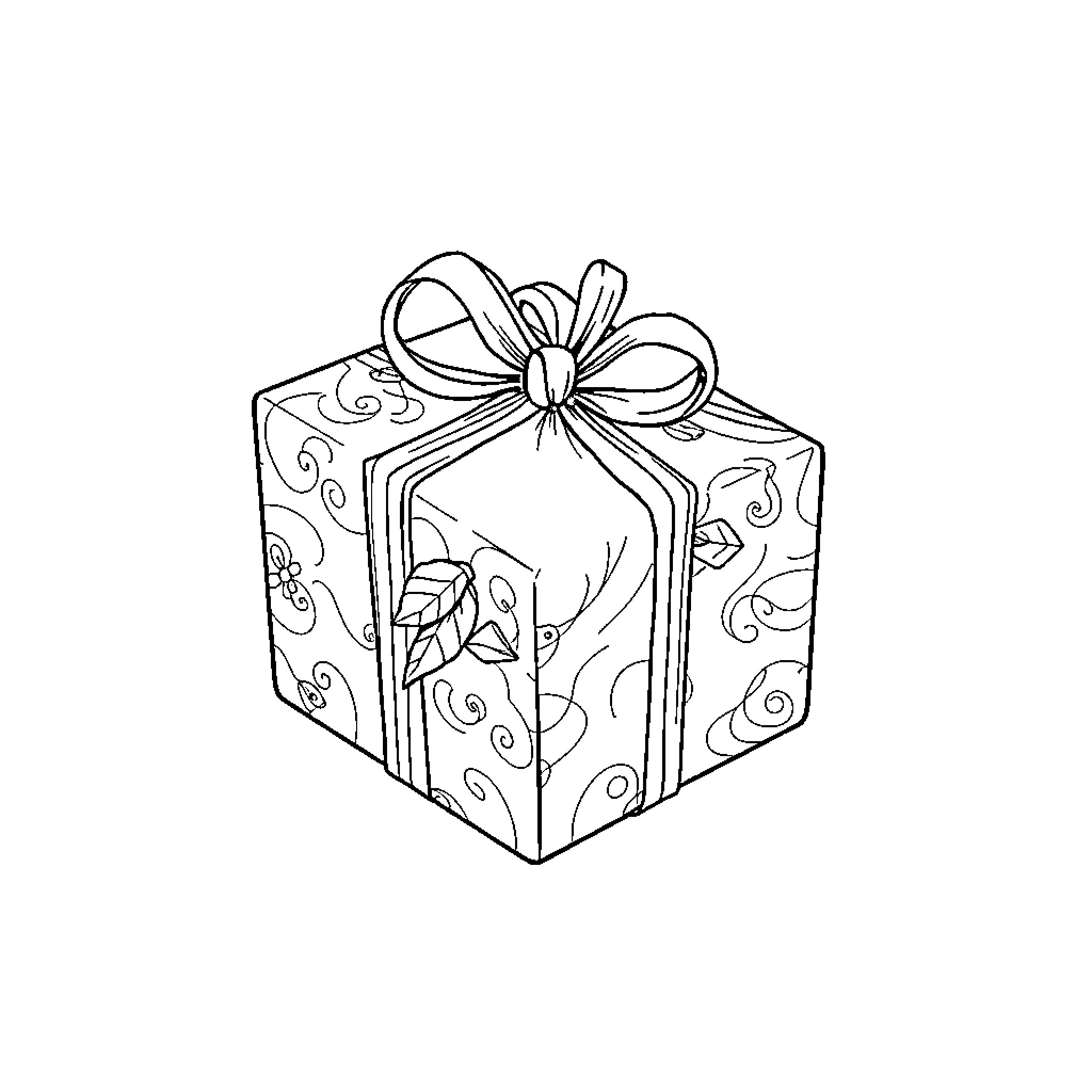 Gift wrapped in ornate package Coloring Page (free black-and-white line drawing printable PDF for all, from beginners to advanced learners, including children, teens, adults, and seniors)