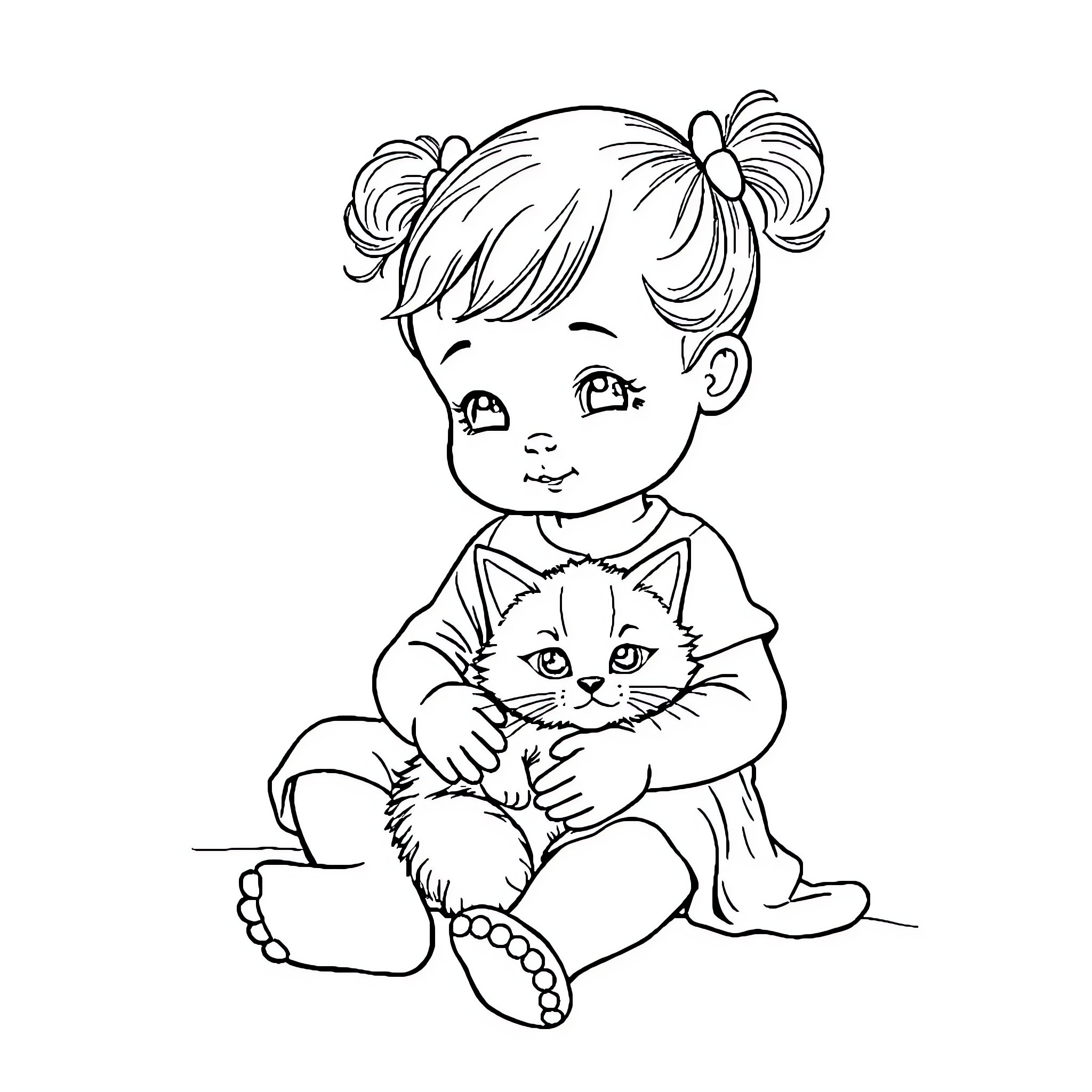 Baby Girl Cuddling Adorable Kitten Coloring Page (free black-and-white line drawing printable PDF for all, from beginners to advanced learners, including children, teens, adults, and seniors)