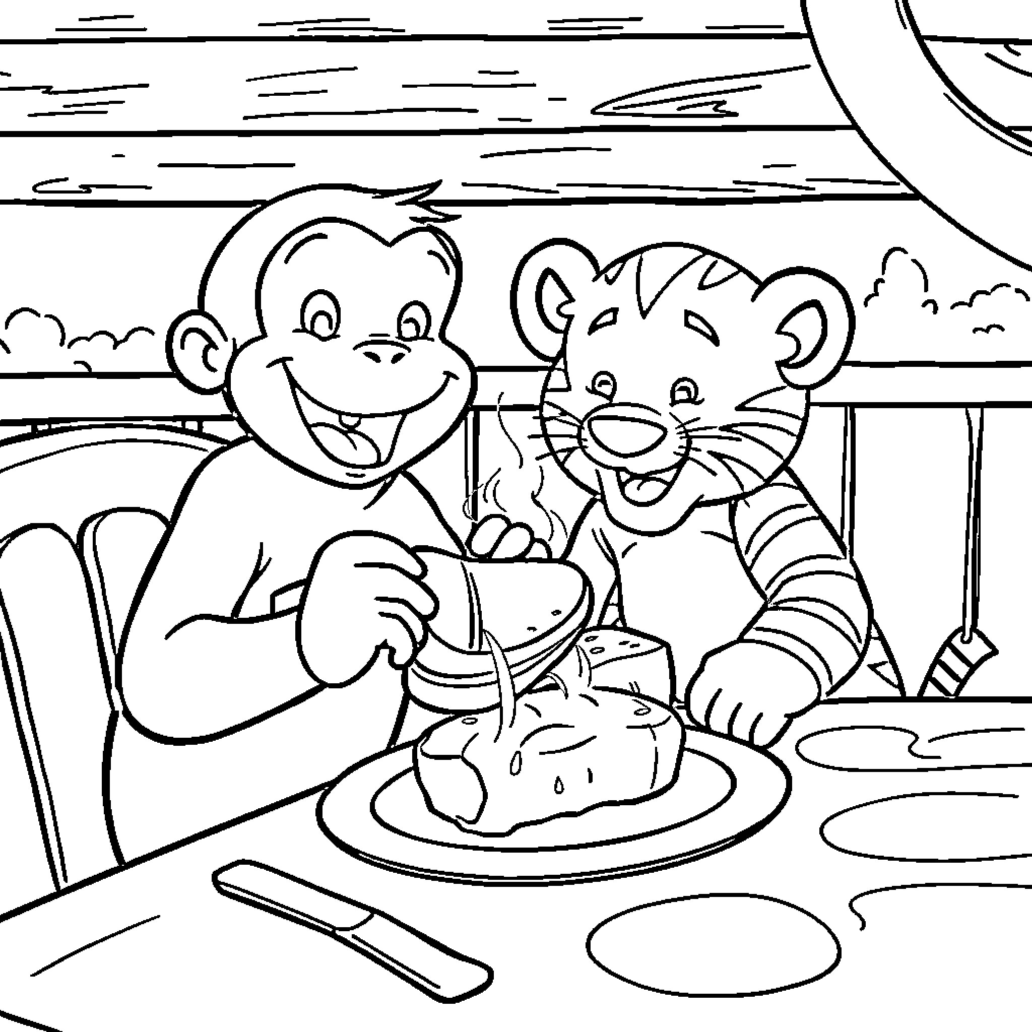 Curious George and Tiger Sharing a Birthday Cake Coloring Page (free black-and-white line drawing printable PDF for all, from beginners to advanced learners, including children, teens, adults, and seniors)