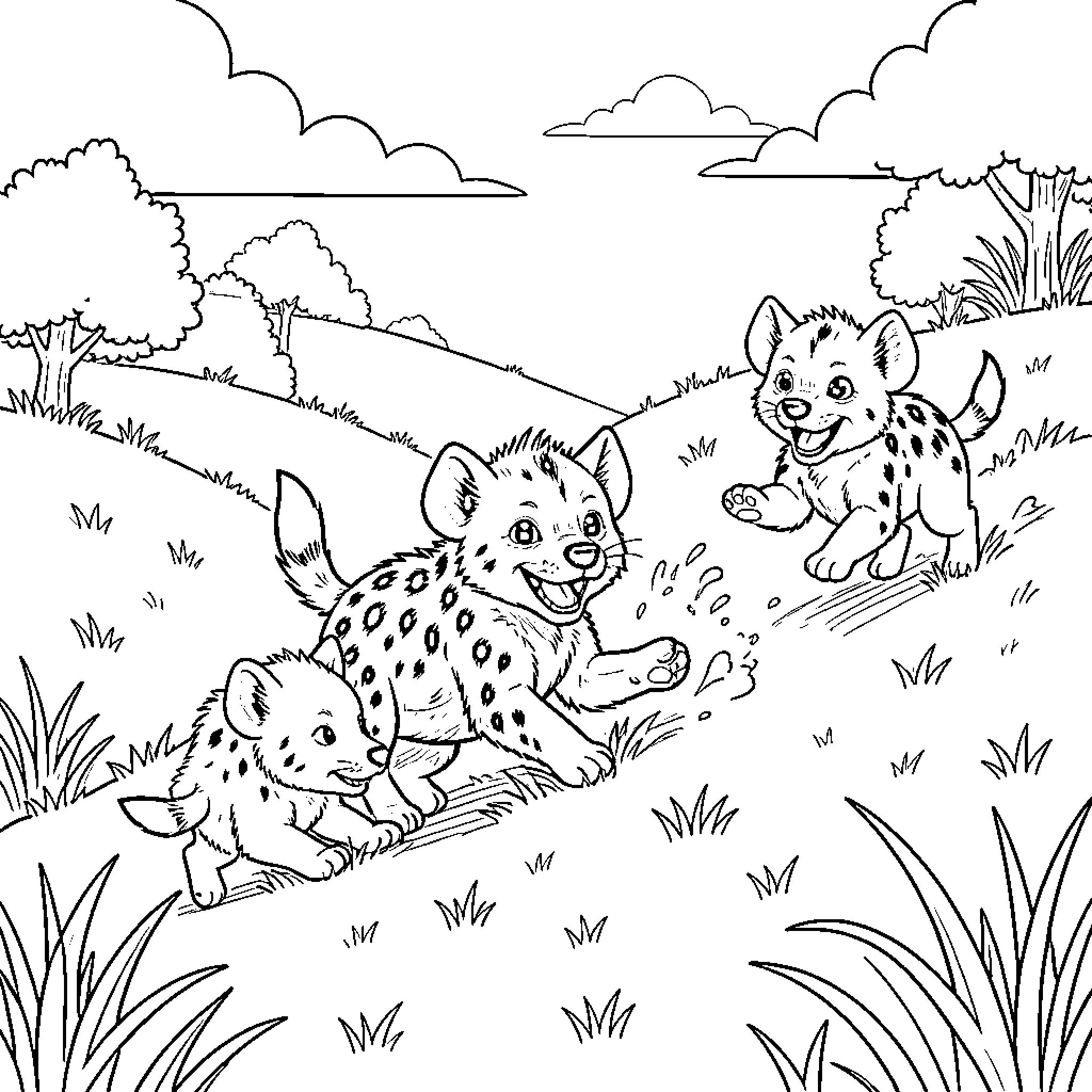 Hyena cubs playing and running through a grassy field Coloring Page (free black-and-white line drawing printable PDF for all, from beginners to advanced learners, including children, teens, adults, and seniors)