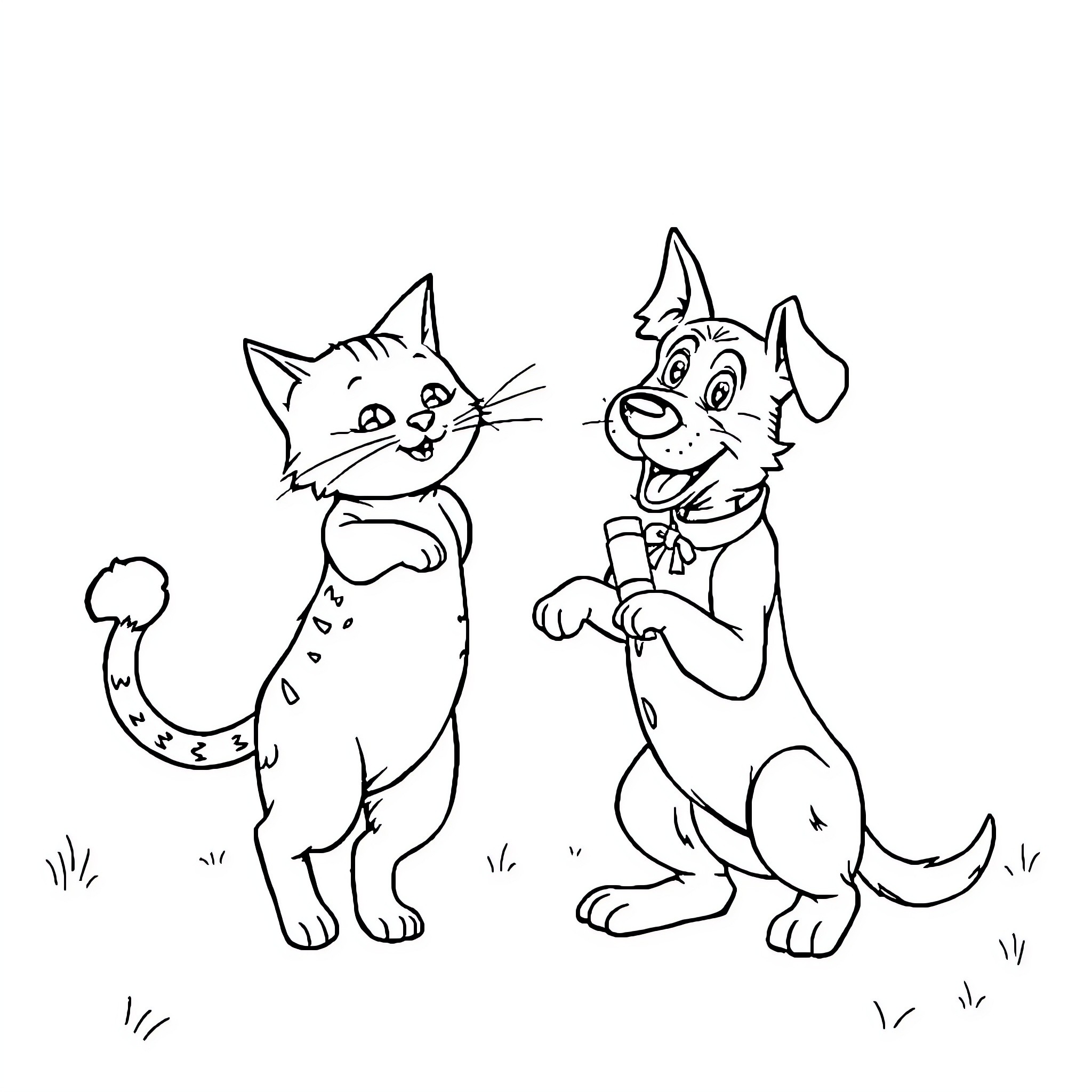 Cat and Dog Happily Playing Together Coloring Page (free black-and-white line drawing printable PDF for all, from beginners to advanced learners, including children, teens, adults, and seniors)