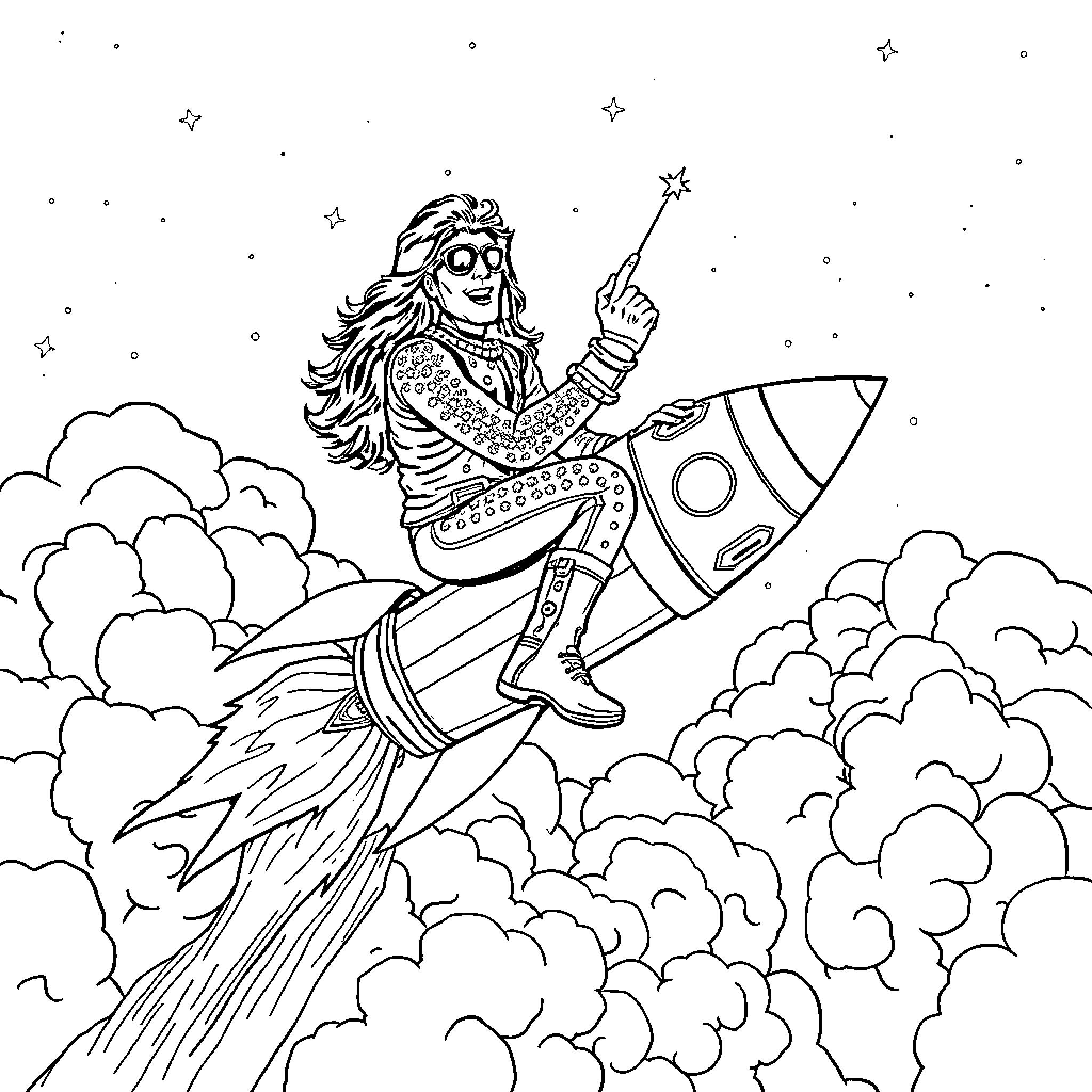 Ace Frehley soars through the cosmic clouds on a rocket Coloring Page (free black-and-white line drawing printable PDF for all, from beginners to advanced learners, including children, teens, adults, and seniors)
