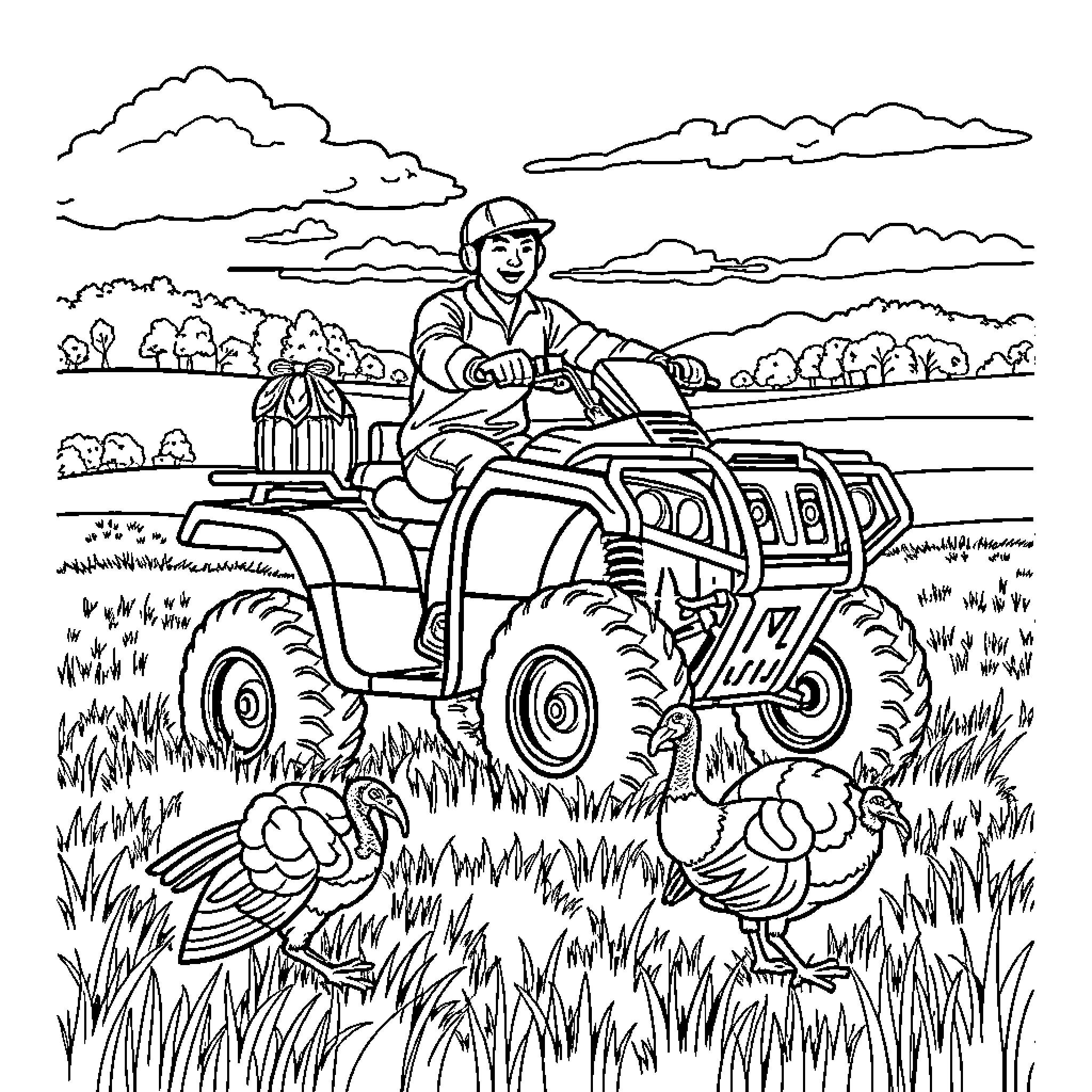 Guy riding ATV through the countryside Coloring Page (free black-and-white line drawing printable PDF for all, from beginners to advanced learners, including children, teens, adults, and seniors)