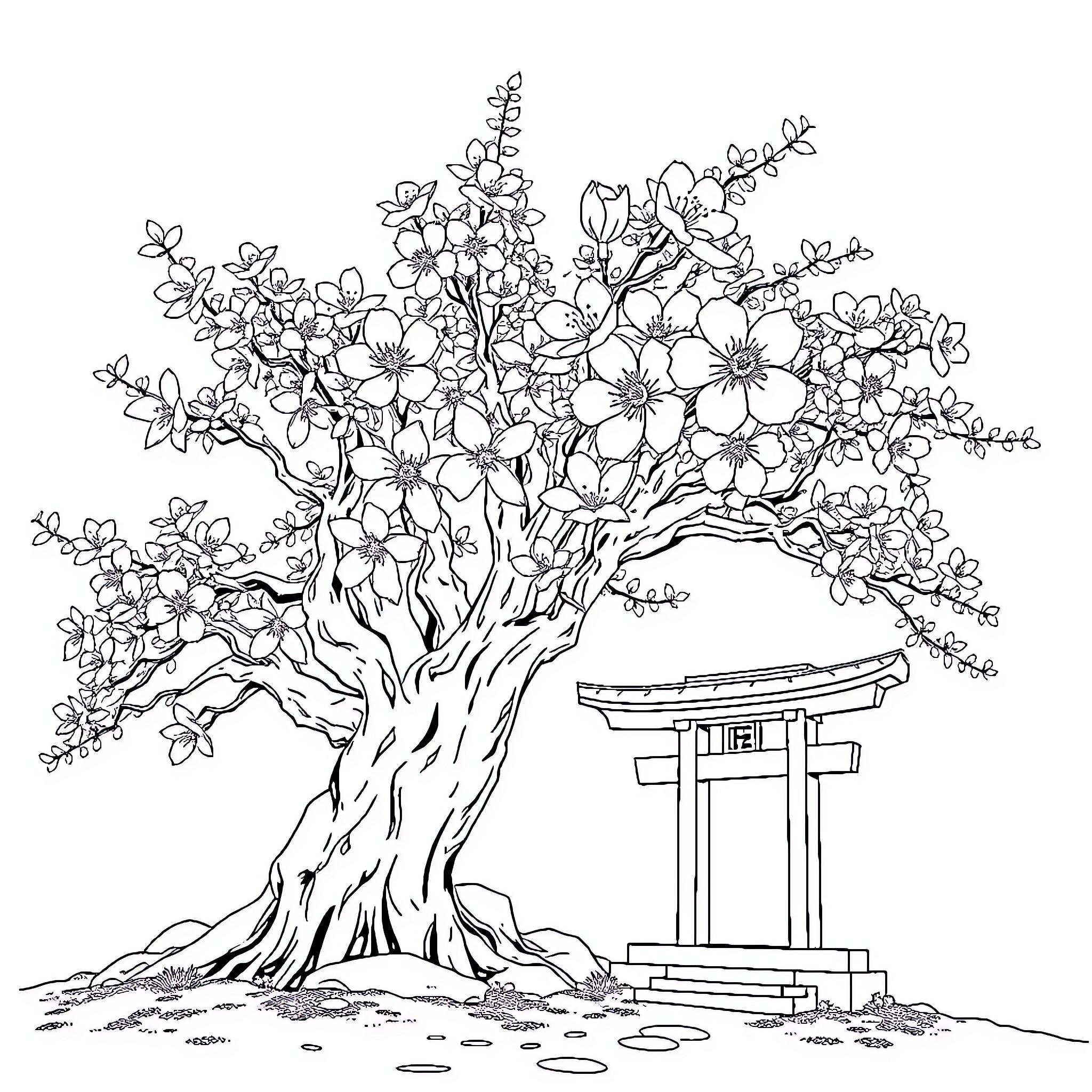 Sakura Tree Blossoming near Japanese Torii Gate Coloring Page (free black-and-white line drawing printable PDF for all, from beginners to advanced learners, including children, teens, adults, and seniors)