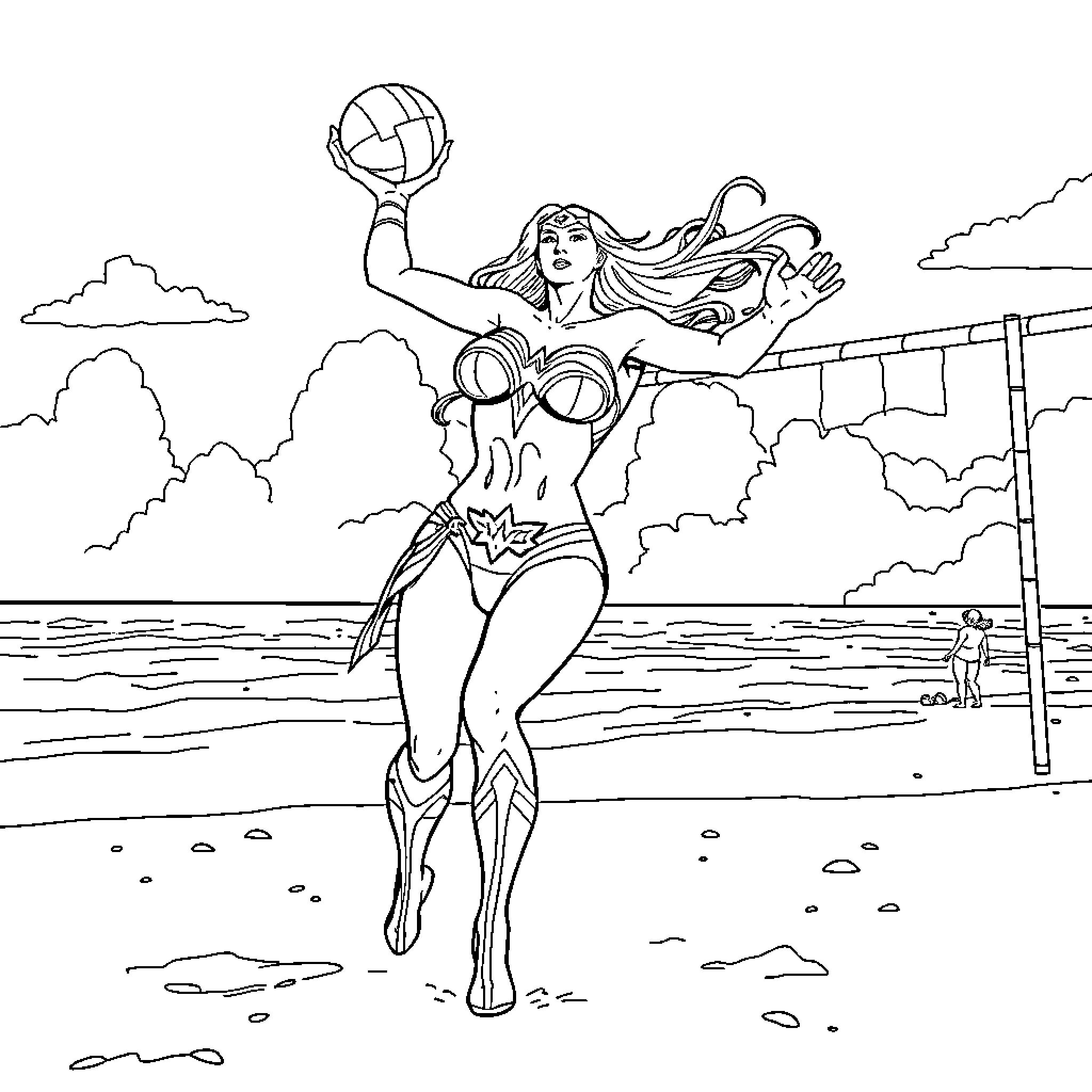 Wonder Woman playing volleyball on a sunny beach Coloring Page (free black-and-white line drawing printable PDF for all, from beginners to advanced learners, including children, teens, adults, and seniors)