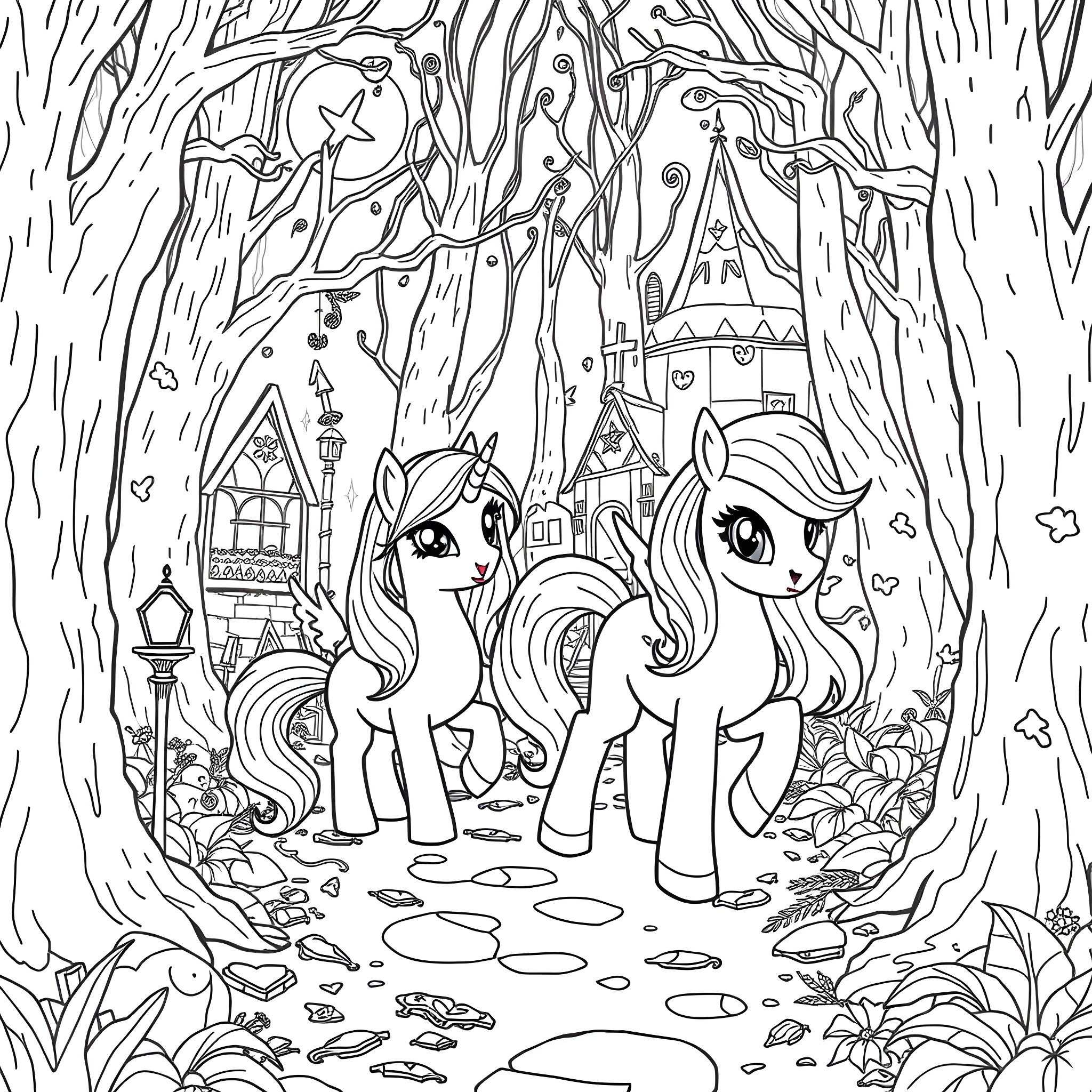 My Little Pony Exploring the Enchanted Forest Coloring Page (free black-and-white line drawing printable PDF for all, from beginners to advanced learners, including children, teens, adults, and seniors)