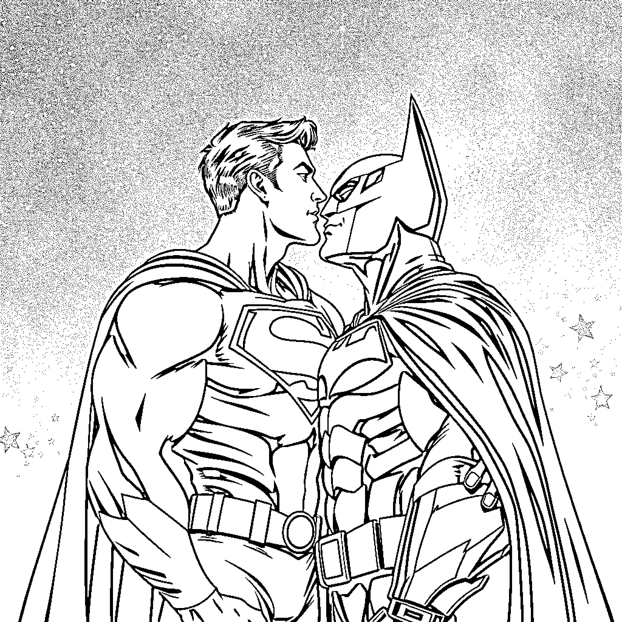 Superman and Batman in heroic poses Coloring Page (free black-and-white line drawing printable PDF for all, from beginners to advanced learners, including children, teens, adults, and seniors)