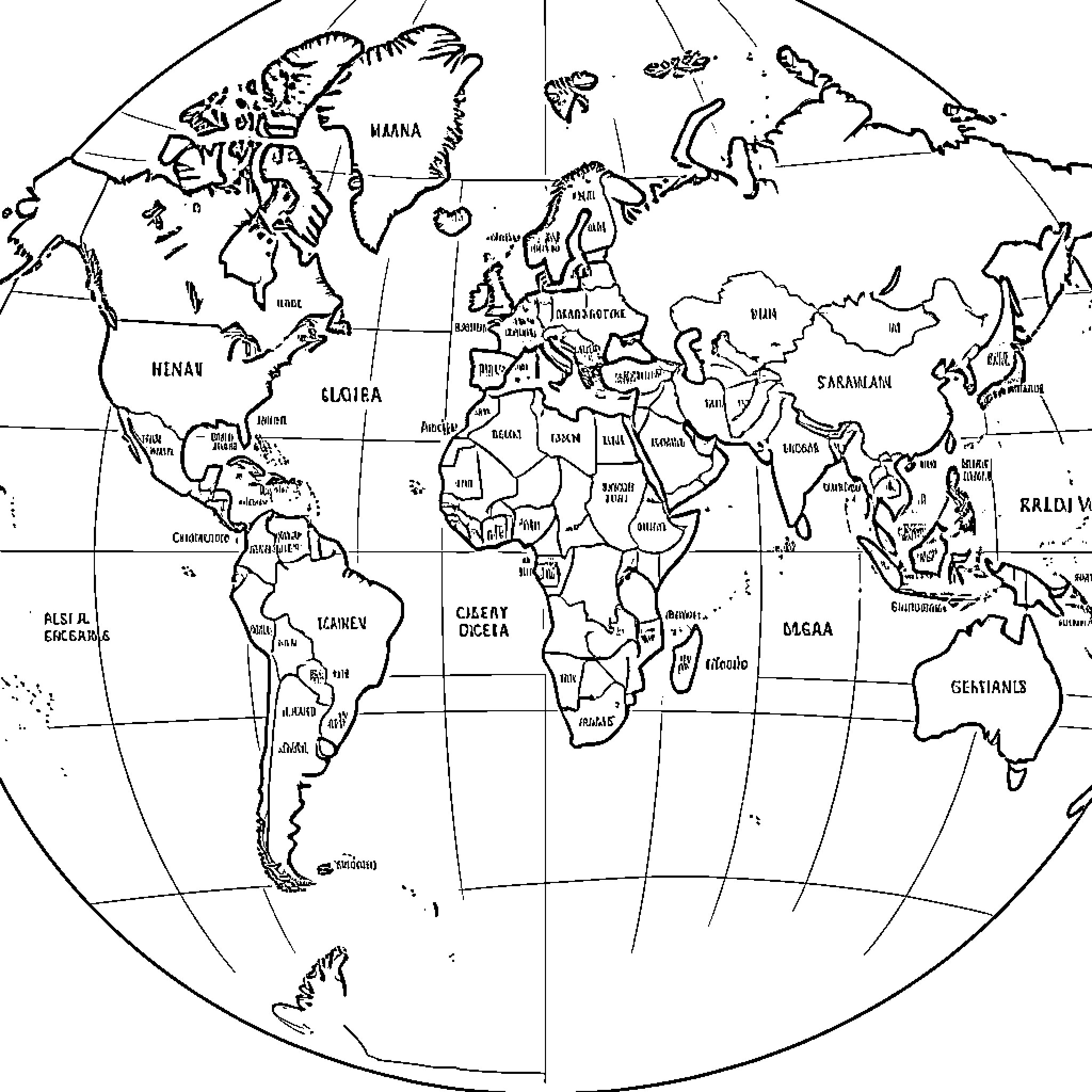 World Map showing various continents and different landmasses Coloring Page (free black-and-white line drawing printable PDF for all, from beginners to advanced learners, including children, teens, adults, and seniors)