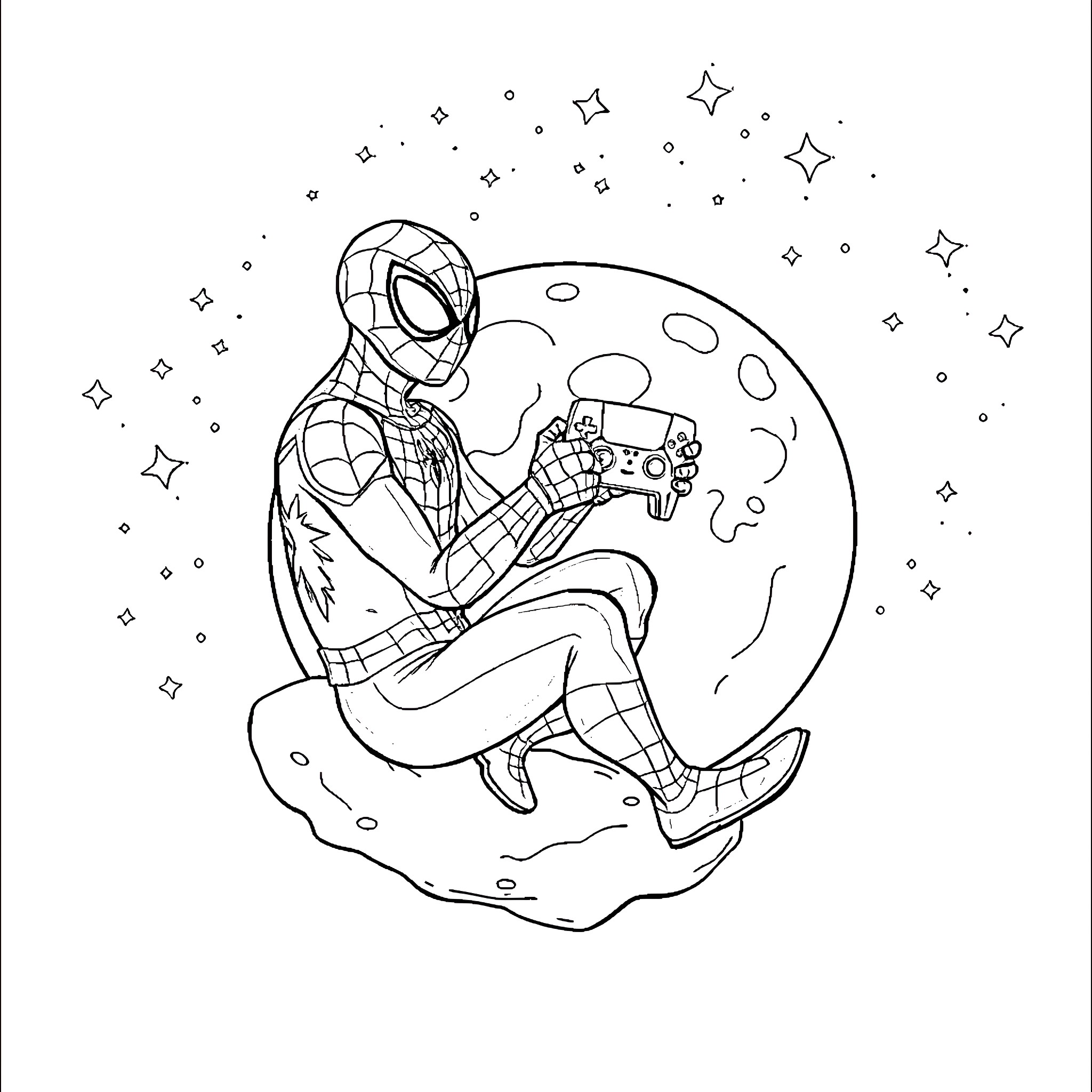 Spider-Man exploring the cosmos with video game console Coloring Page (free black-and-white line drawing printable PDF for all, from beginners to advanced learners, including children, teens, adults, and seniors)