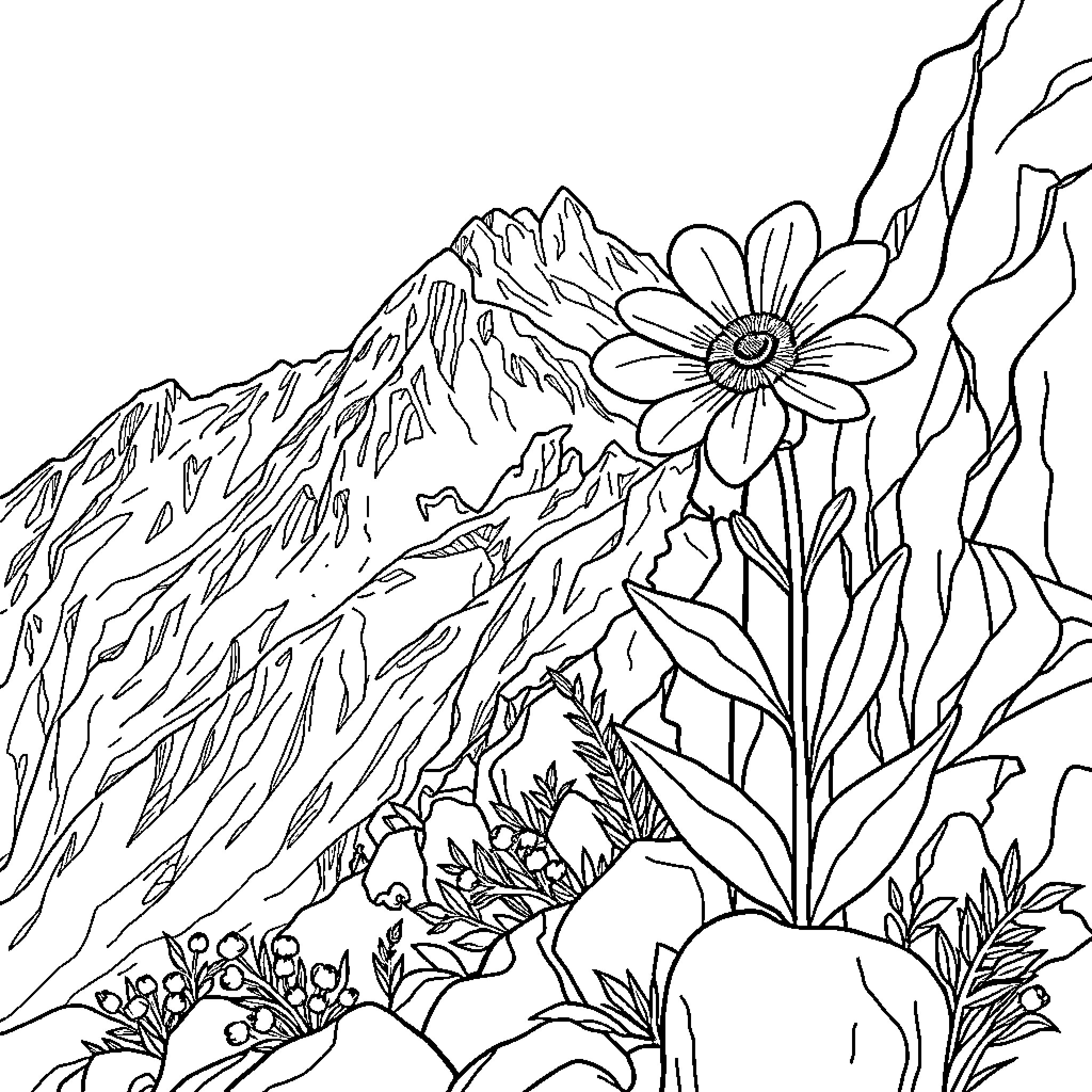 Flower in Mountainous Landscape Coloring Page (free black-and-white line drawing printable PDF for all, from beginners to advanced learners, including children, teens, adults, and seniors)