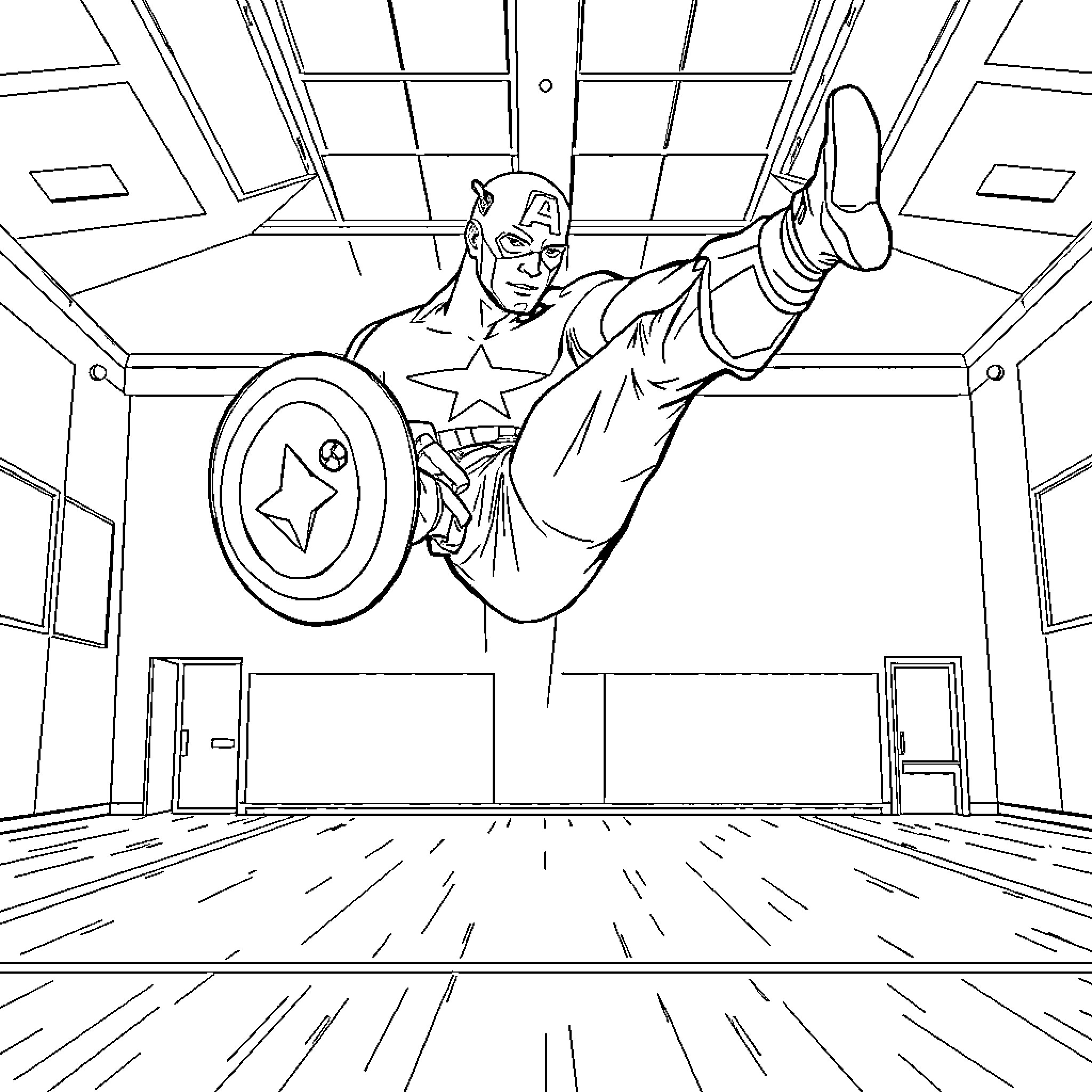Captain America Leaping into Action Coloring Page (free black-and-white line drawing printable PDF for all, from beginners to advanced learners, including children, teens, adults, and seniors)