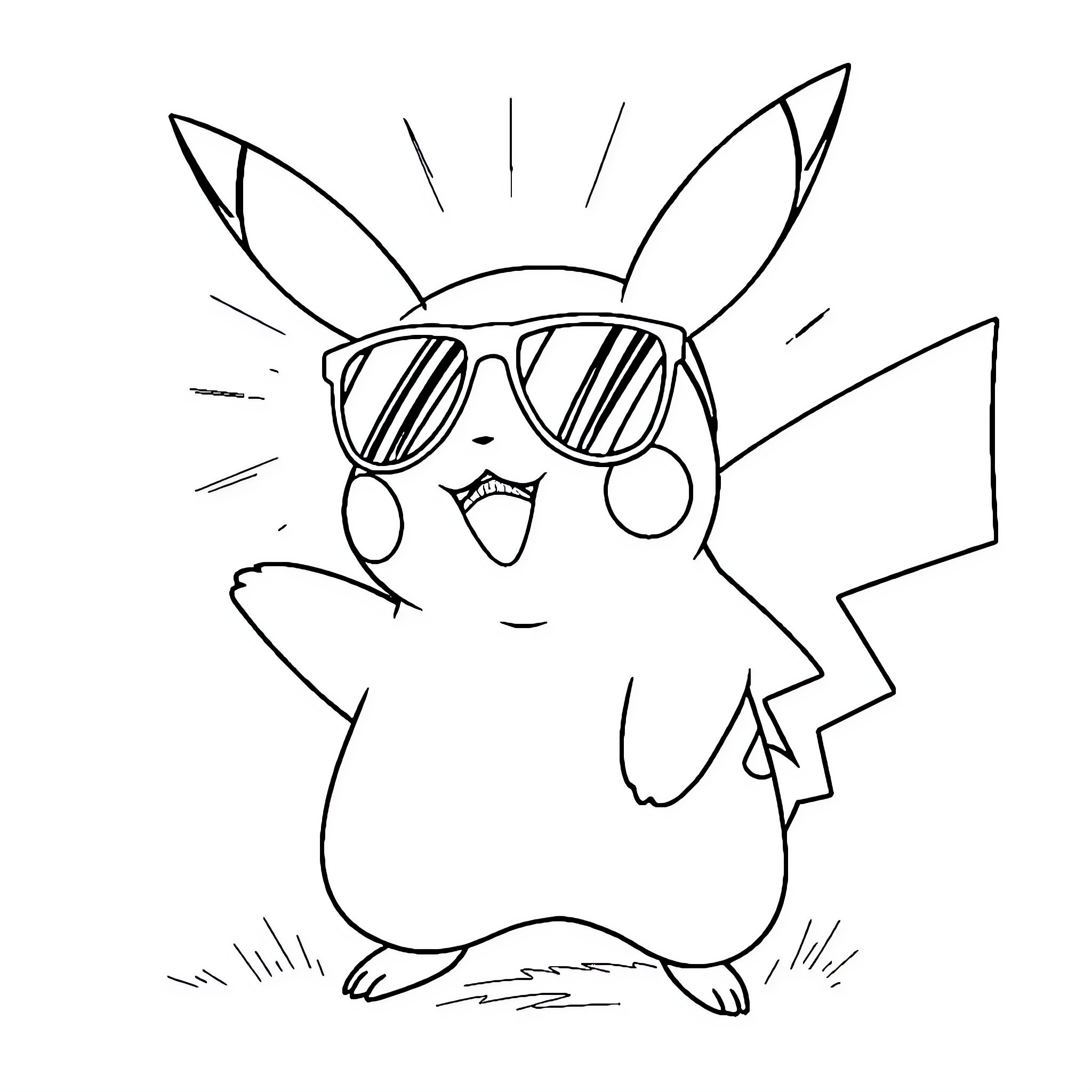 Pikachu wearing cool sunglasses Coloring Page (free black-and-white line drawing printable PDF for all, from beginners to advanced learners, including children, teens, adults, and seniors)
