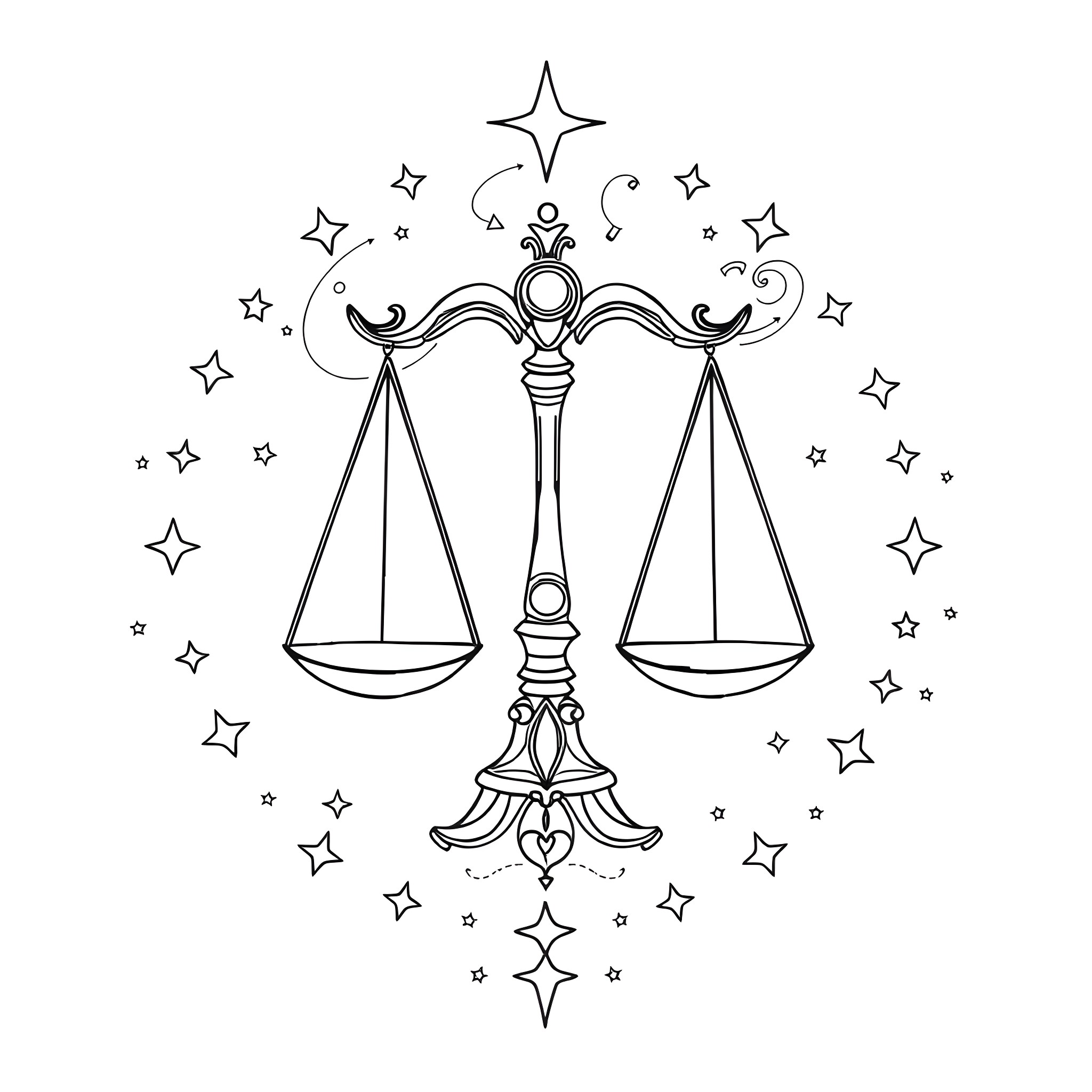 Libra the Balanced Scales with Celestial Elements Coloring Page (free black-and-white line drawing printable PDF for all, from beginners to advanced learners, including children, teens, adults, and seniors)