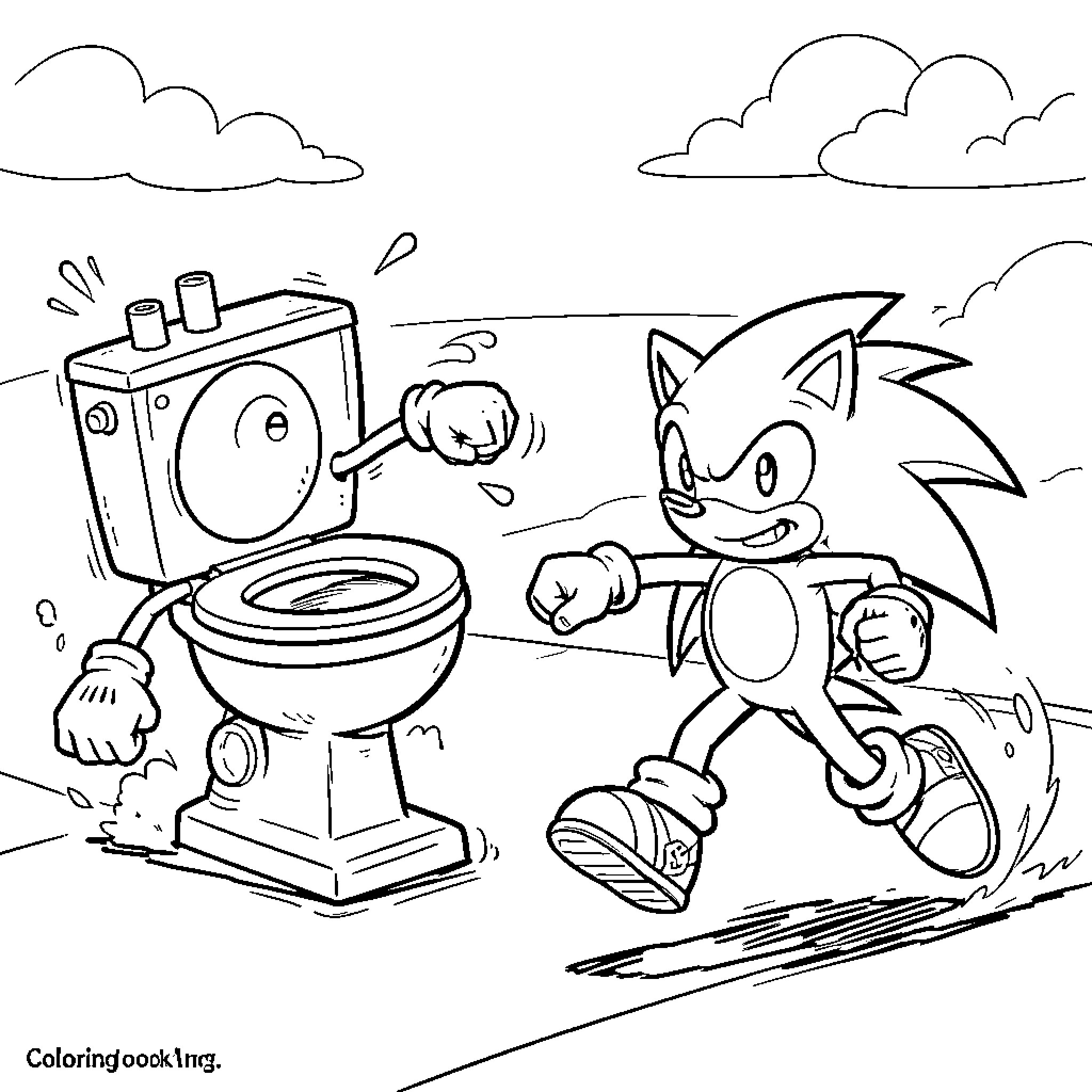 Skibidi Toilet Adventure with Cheerful Sonic Coloring Page (free black-and-white line drawing printable PDF for all, from beginners to advanced learners, including children, teens, adults, and seniors)