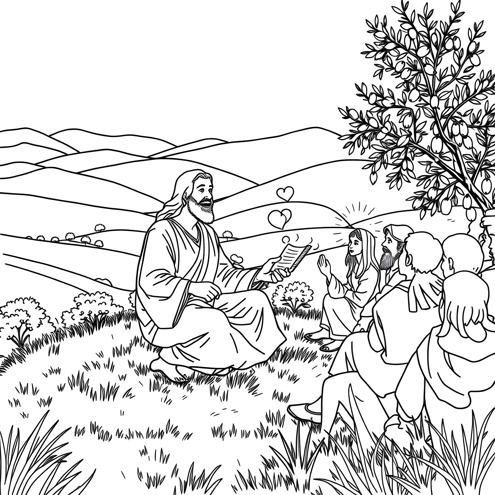 Jesus teaches his disciples in the countryside Coloring Page (free black-and-white line drawing printable PDF for all, from beginners to advanced learners, including children, teens, adults, and seniors)