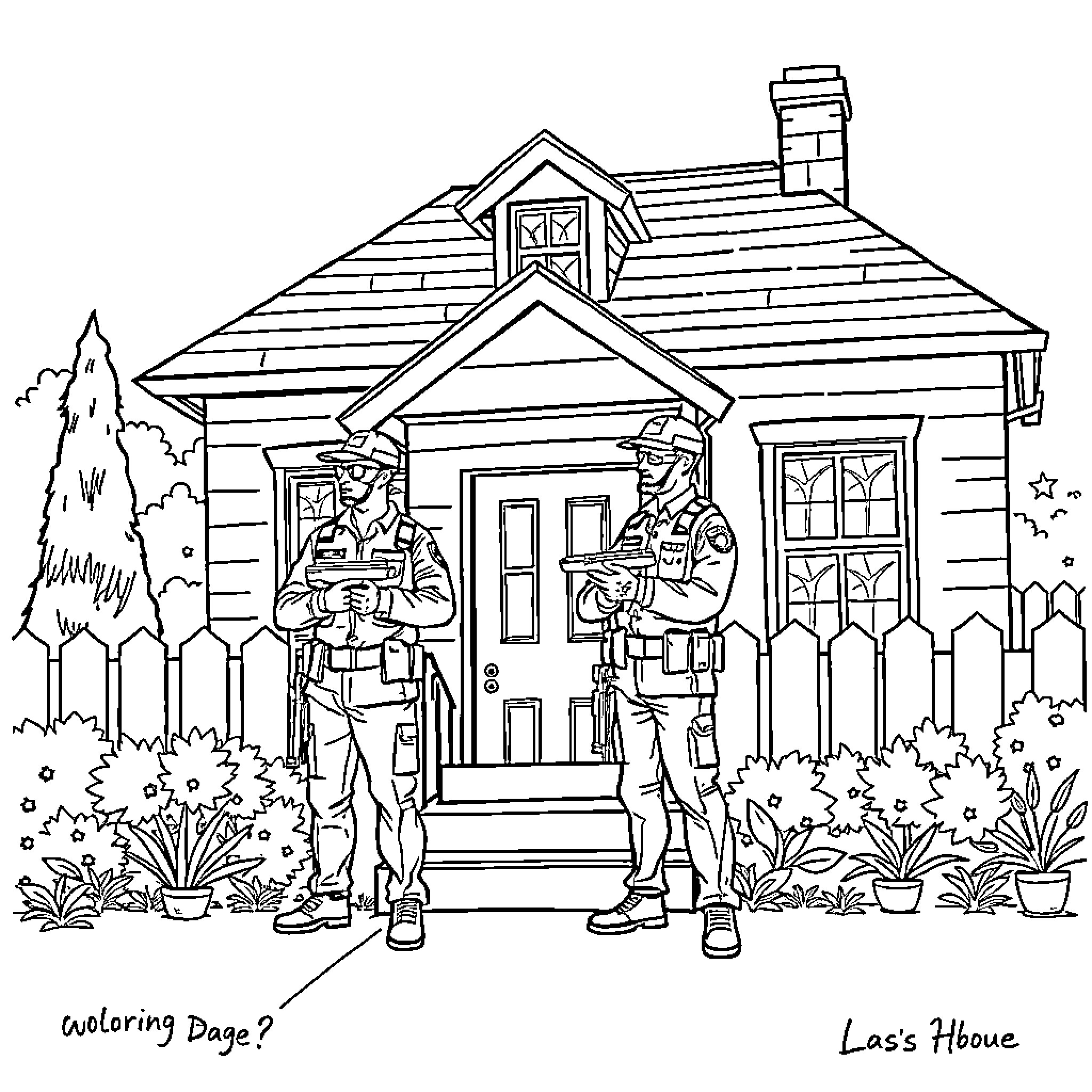 Building with military officers on porch Coloring Page (free black-and-white line drawing printable PDF for all, from beginners to advanced learners, including children, teens, adults, and seniors)