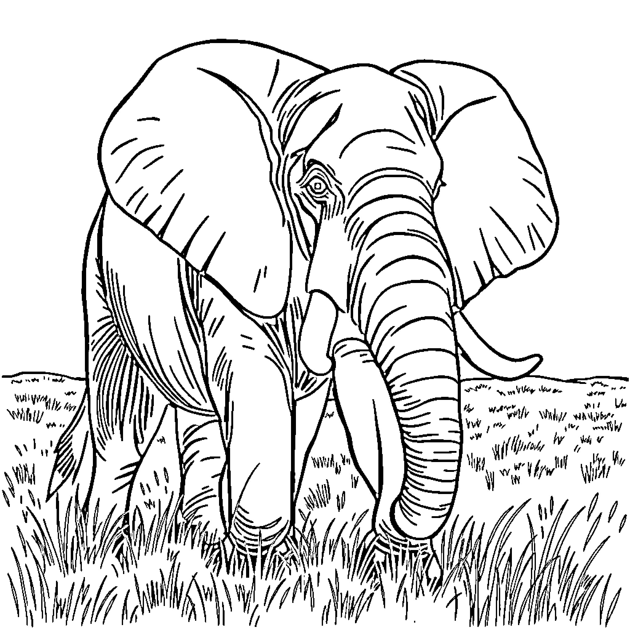 Elephant walking through tall grass Coloring Page (free black-and-white line drawing printable PDF for all, from beginners to advanced learners, including children, teens, adults, and seniors)