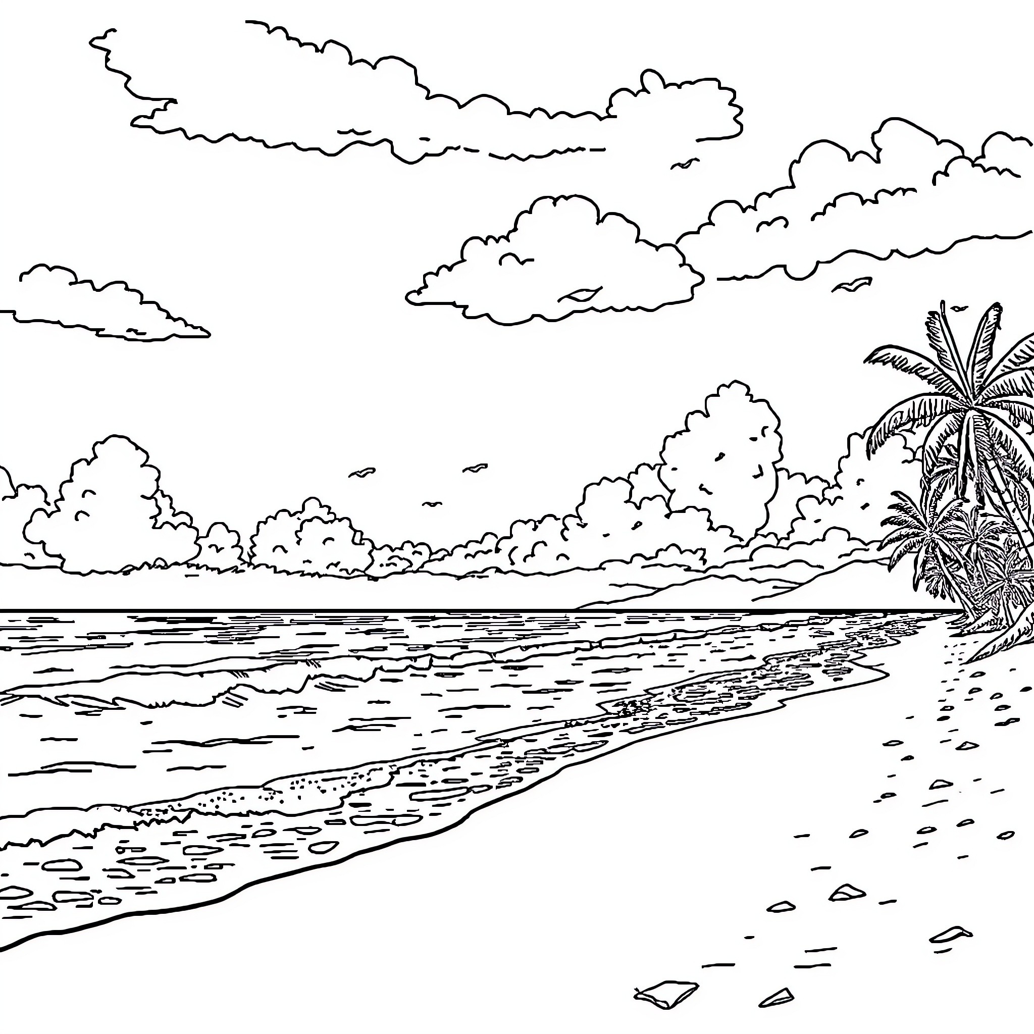 Beach scene with palm trees and cloudy sky Coloring Page (free black-and-white line drawing printable PDF for all, from beginners to advanced learners, including children, teens, adults, and seniors)