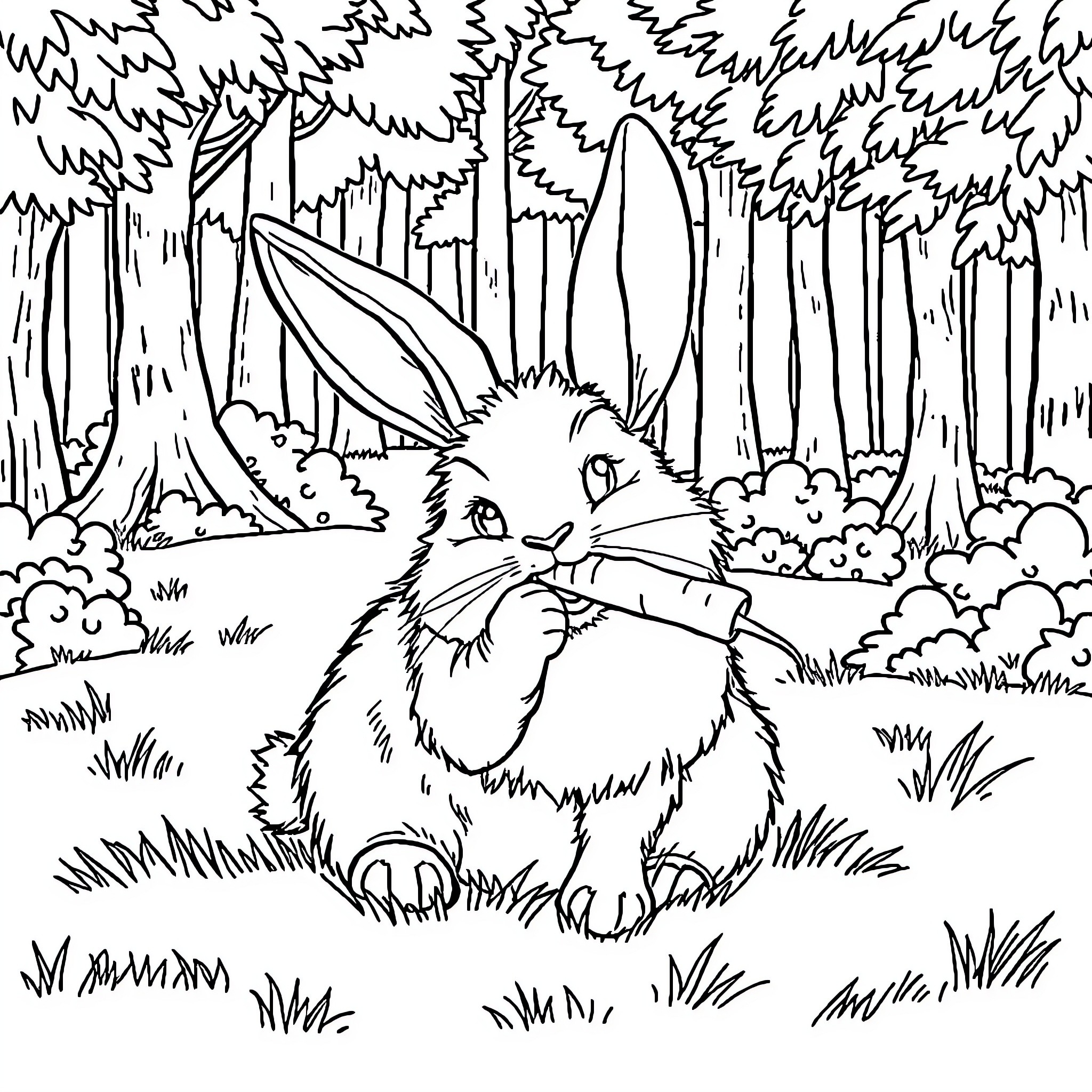 Rabbit exploring the forest Coloring Page (free black-and-white line drawing printable PDF for all, from beginners to advanced learners, including children, teens, adults, and seniors)