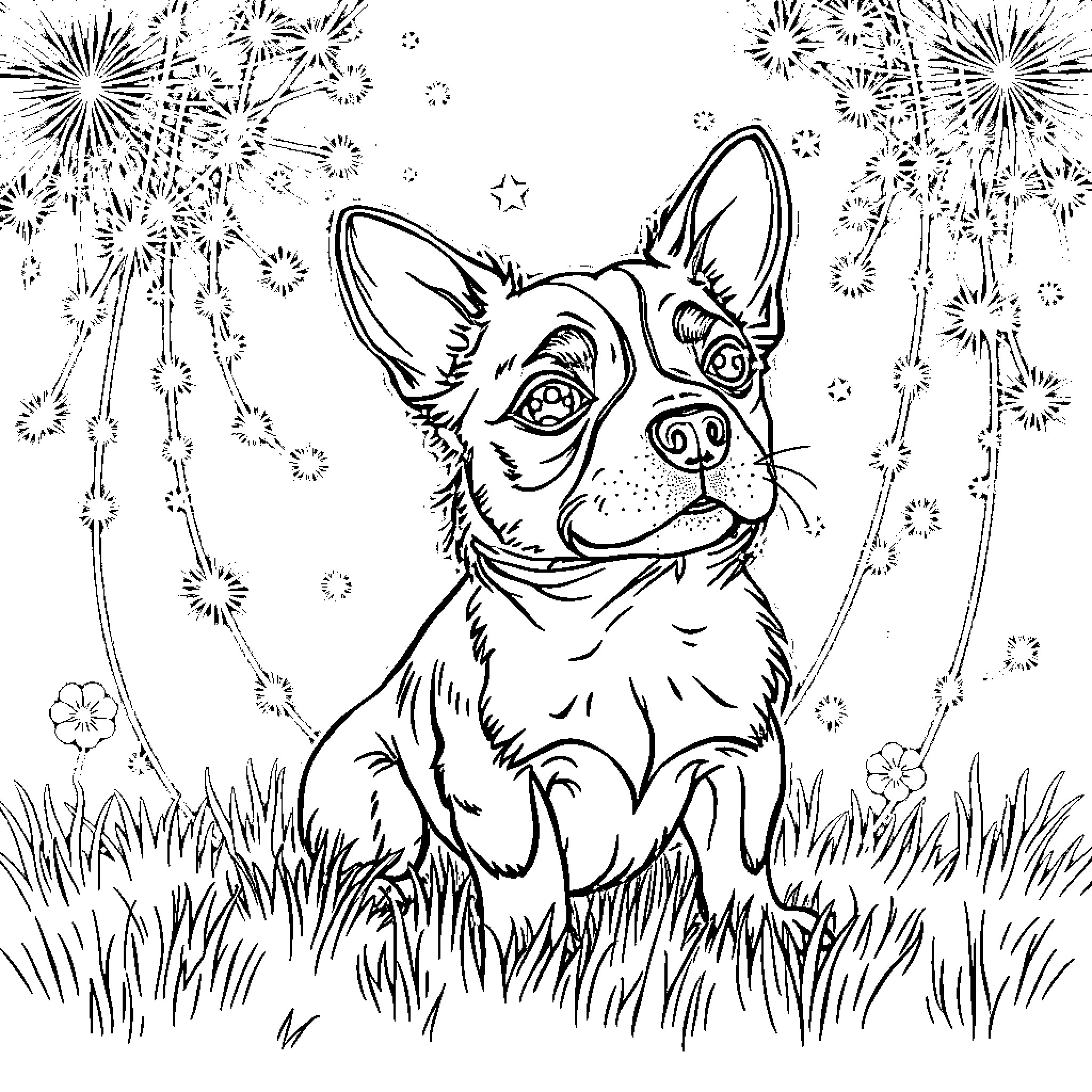 Perro celebrating fireworks in the park Coloring Page (free black-and-white line drawing printable PDF for all, from beginners to advanced learners, including children, teens, adults, and seniors)