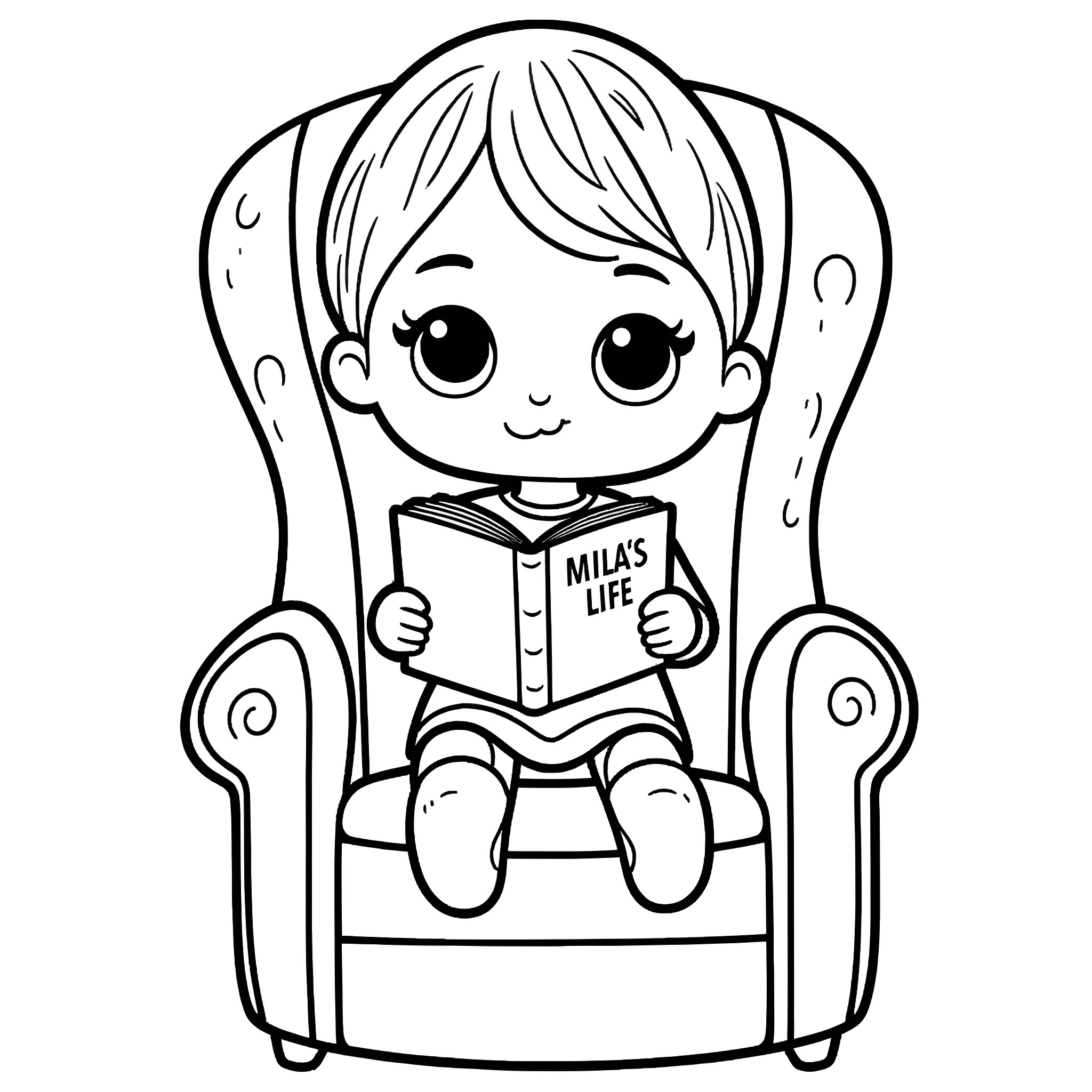 Lol Doll reading a book in an armchair Coloring Page (free black-and-white line drawing printable PDF for all, from beginners to advanced learners, including children, teens, adults, and seniors)