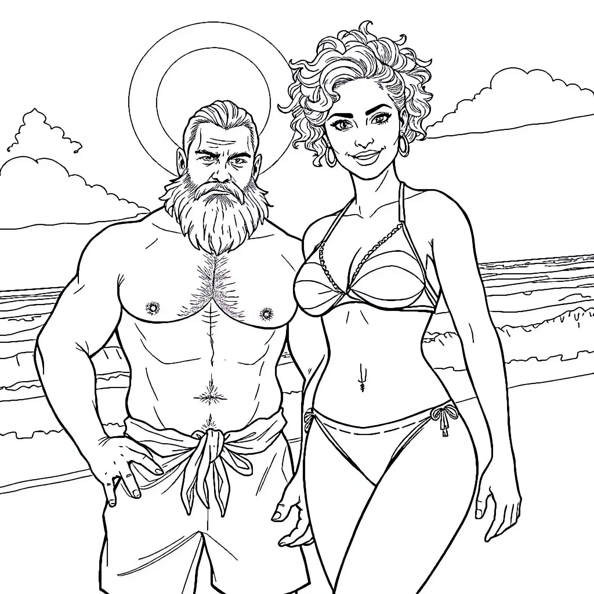 Viking couple enjoying a beach vacation Coloring Page (free black-and-white line drawing printable PDF for all, from beginners to advanced learners, including children, teens, adults, and seniors)