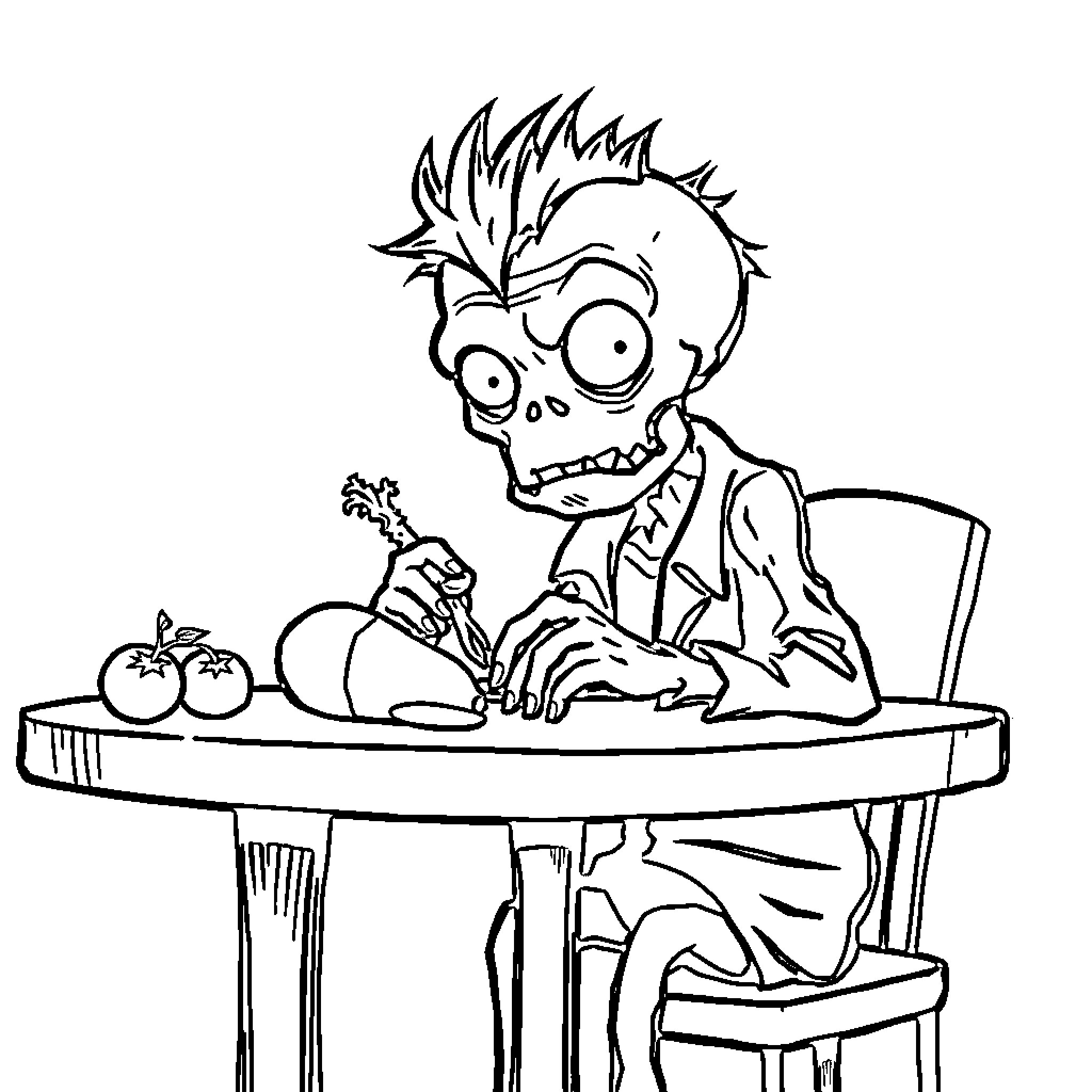Zombie eating fruits on table with bizarre expression Coloring Page (free black-and-white line drawing printable PDF for all, from beginners to advanced learners, including children, teens, adults, and seniors)