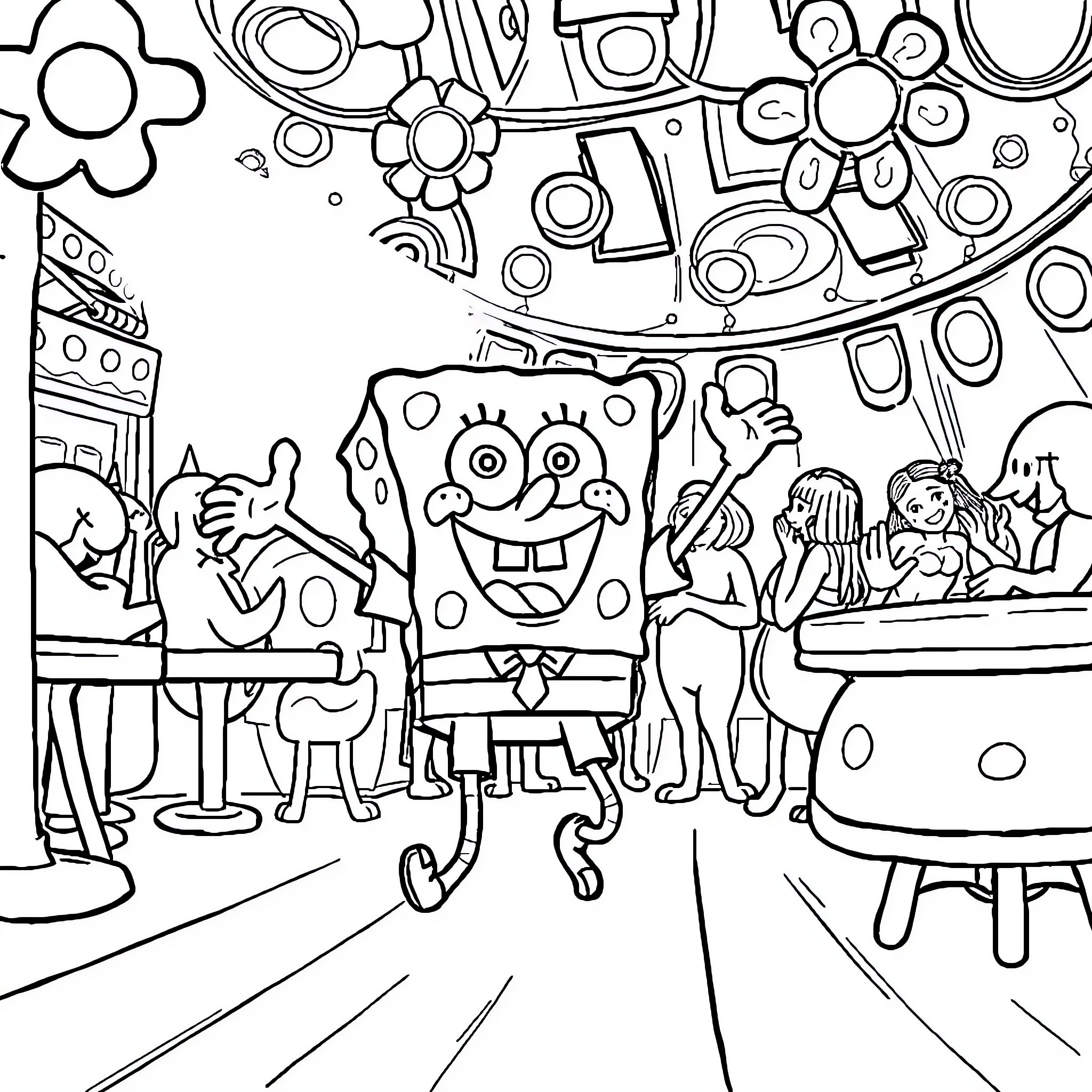 Spongebob and friends enjoying a fun and lively carnival scene Coloring Page (free black-and-white line drawing printable PDF for all, from beginners to advanced learners, including children, teens, adults, and seniors)